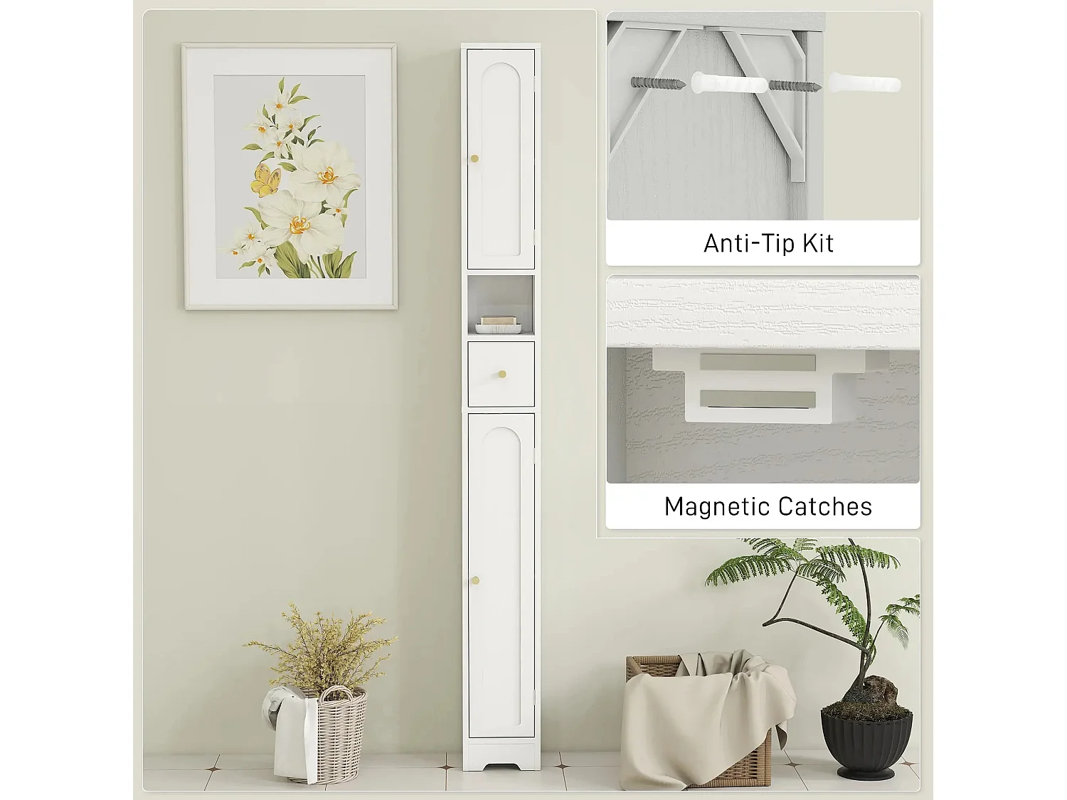 Extra Tall White Bathroom Storage Cabinet with Arched Doors 185cm