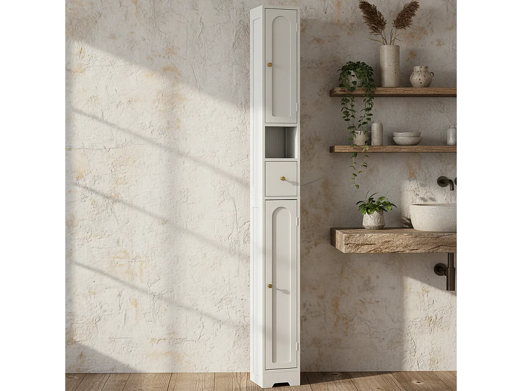 Extra Tall White Bathroom Storage Cabinet with Arched Doors 185cm