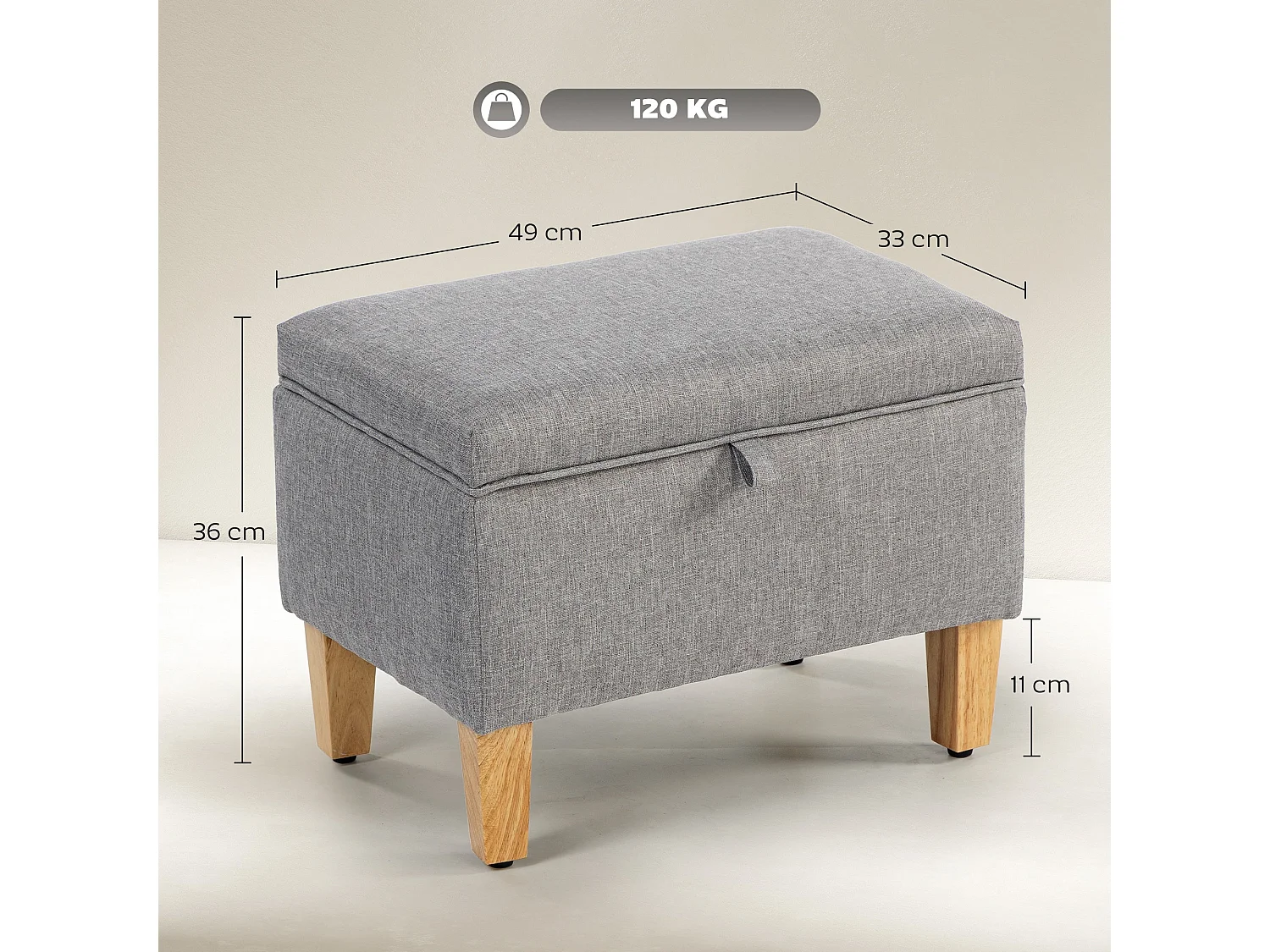 Tonale Linen Light Grey Compact Storage Ottoman with Natural Wooden Legs