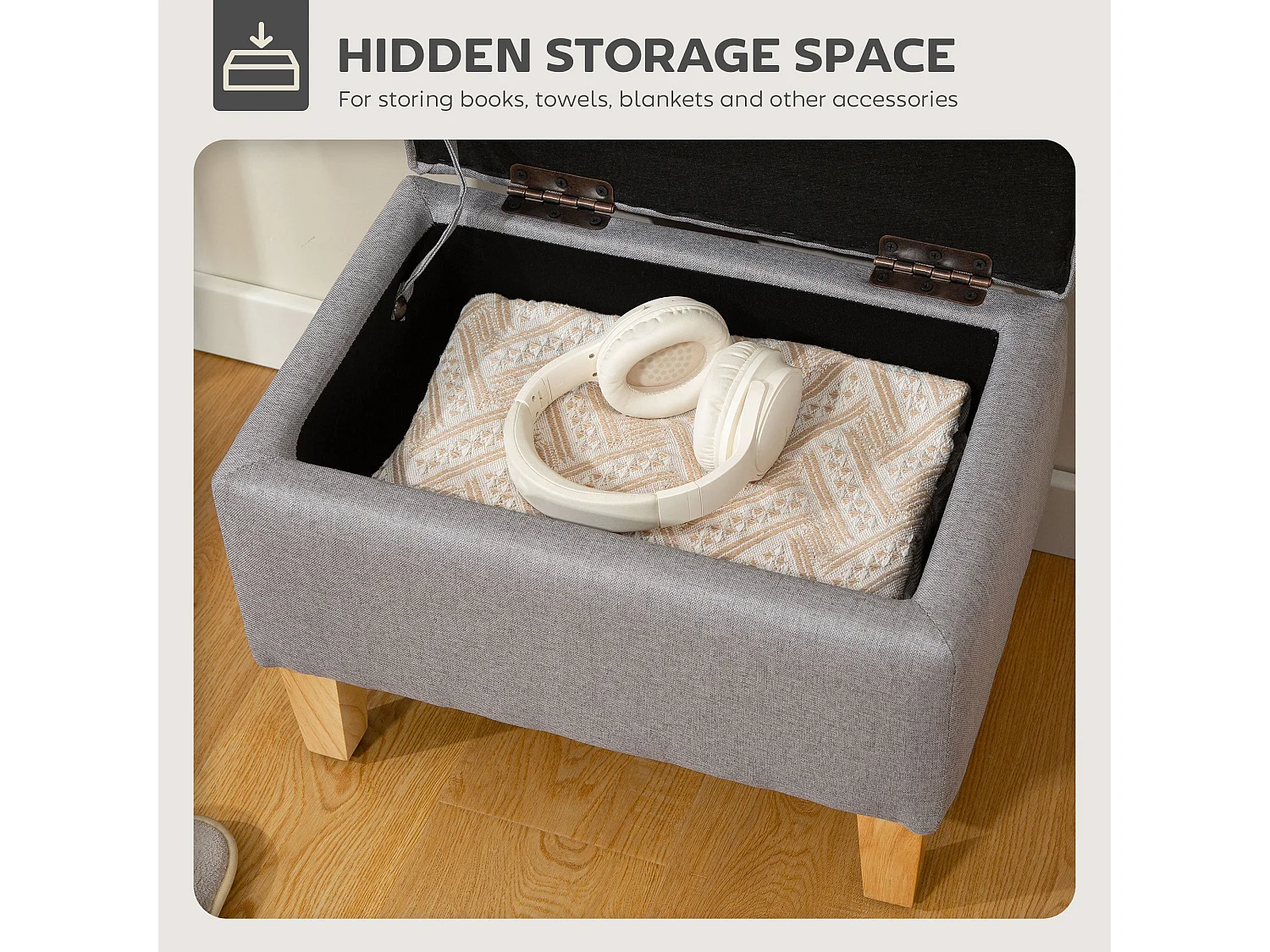 Tonale Linen Light Grey Compact Storage Ottoman with Natural Wooden Legs