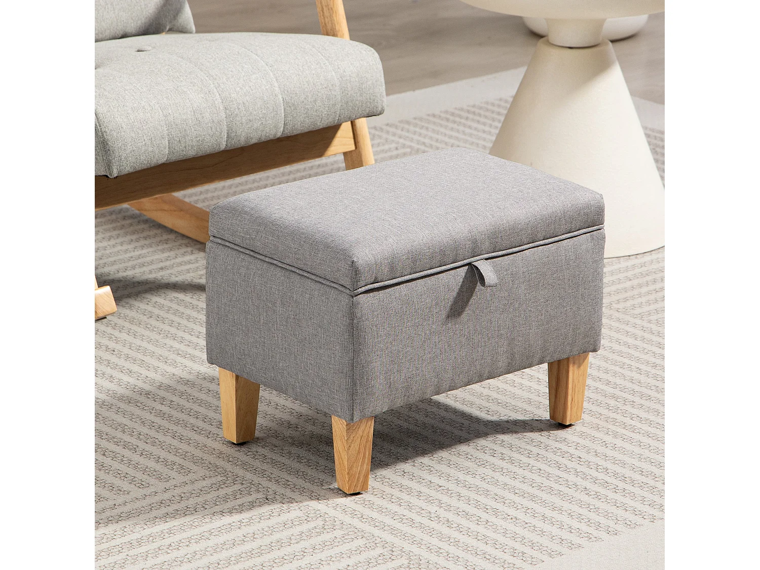 Tonale Linen Light Grey Compact Storage Ottoman with Natural Wooden Legs