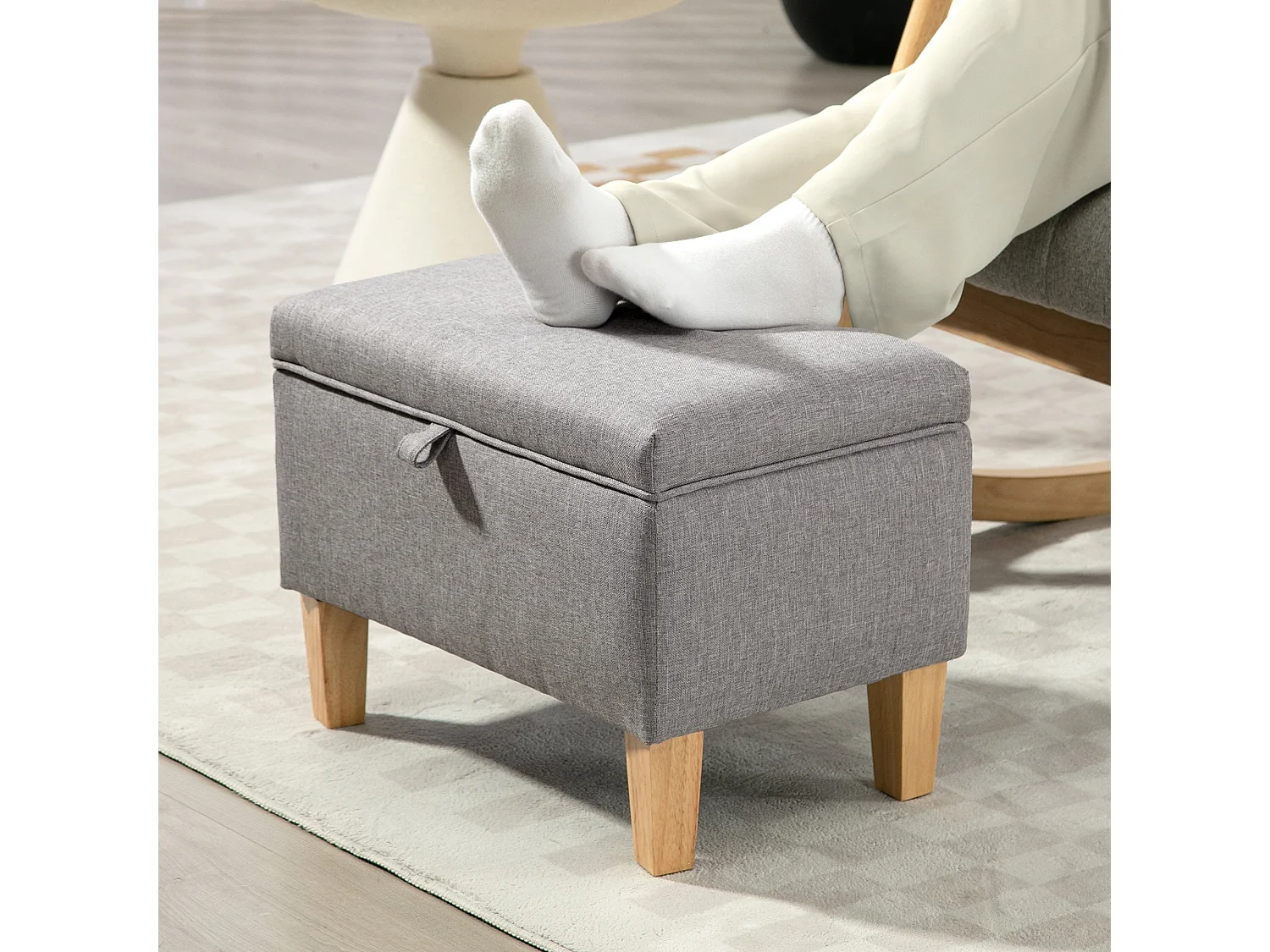 Tonale Linen Light Grey Compact Storage Ottoman with Natural Wooden Legs