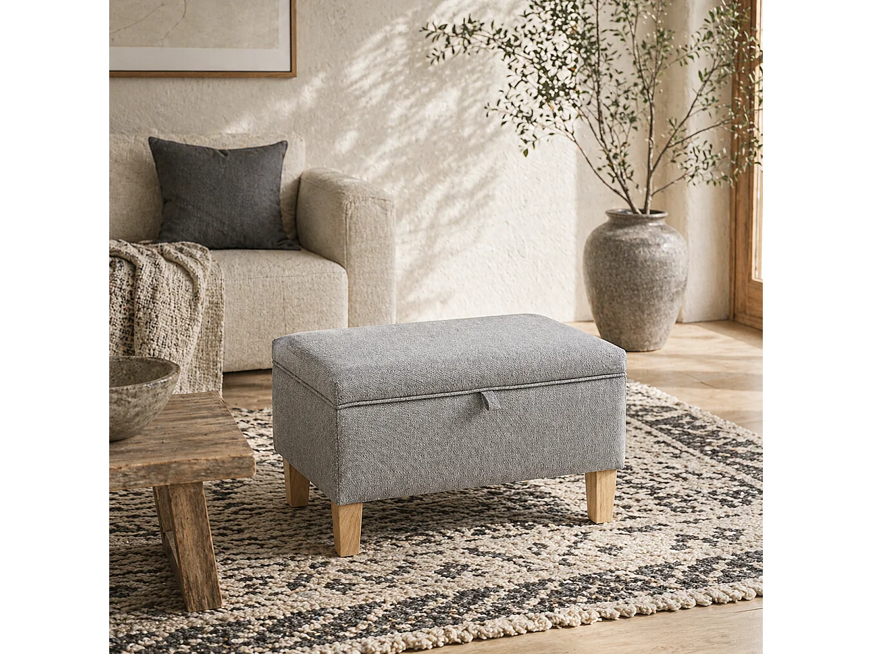 Tonale Linen Light Grey Compact Storage Ottoman with Natural Wooden Legs