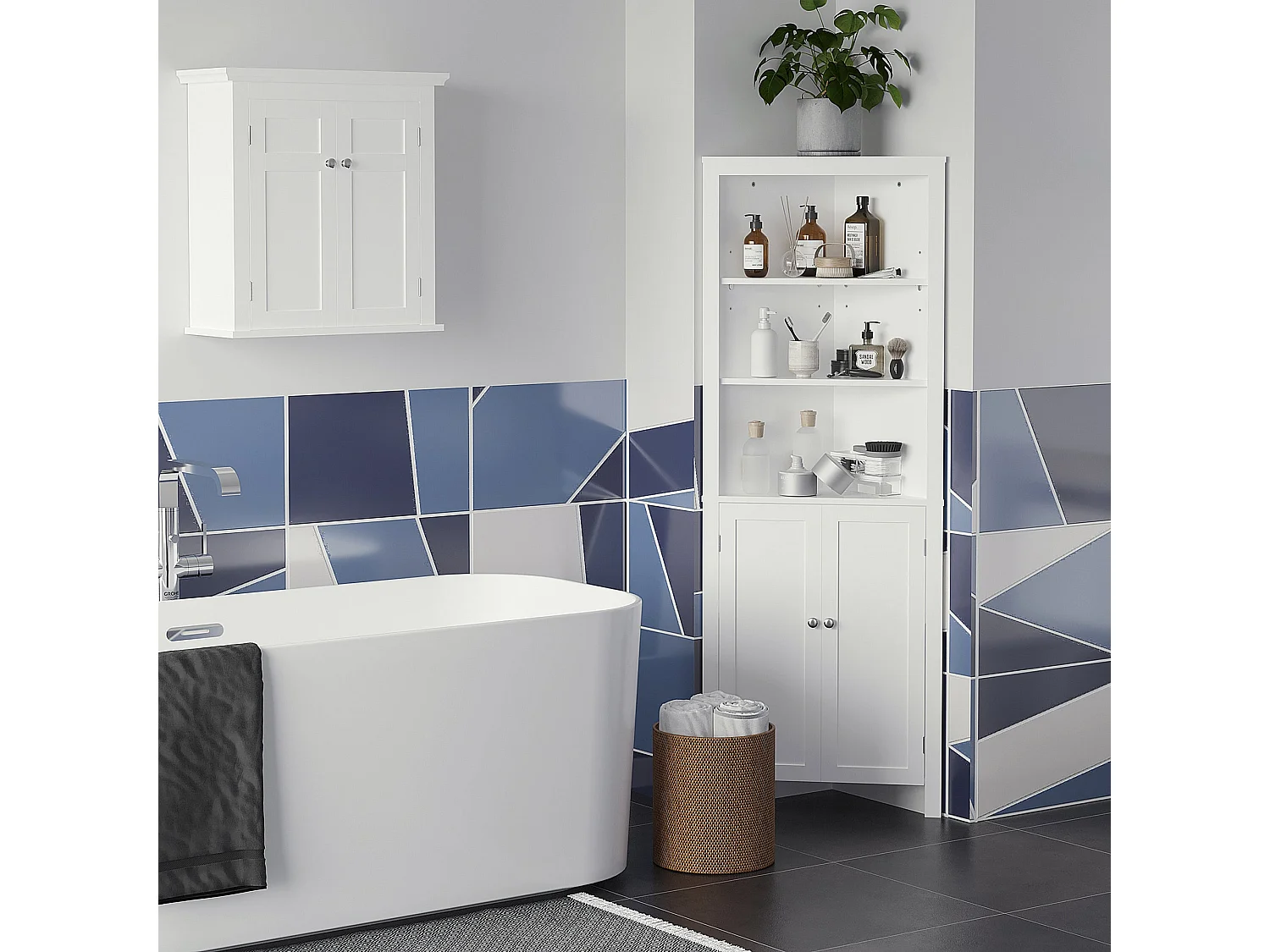Dotre Corner Bathroom Cabinet White 3 Tier Shelves with Cupboard