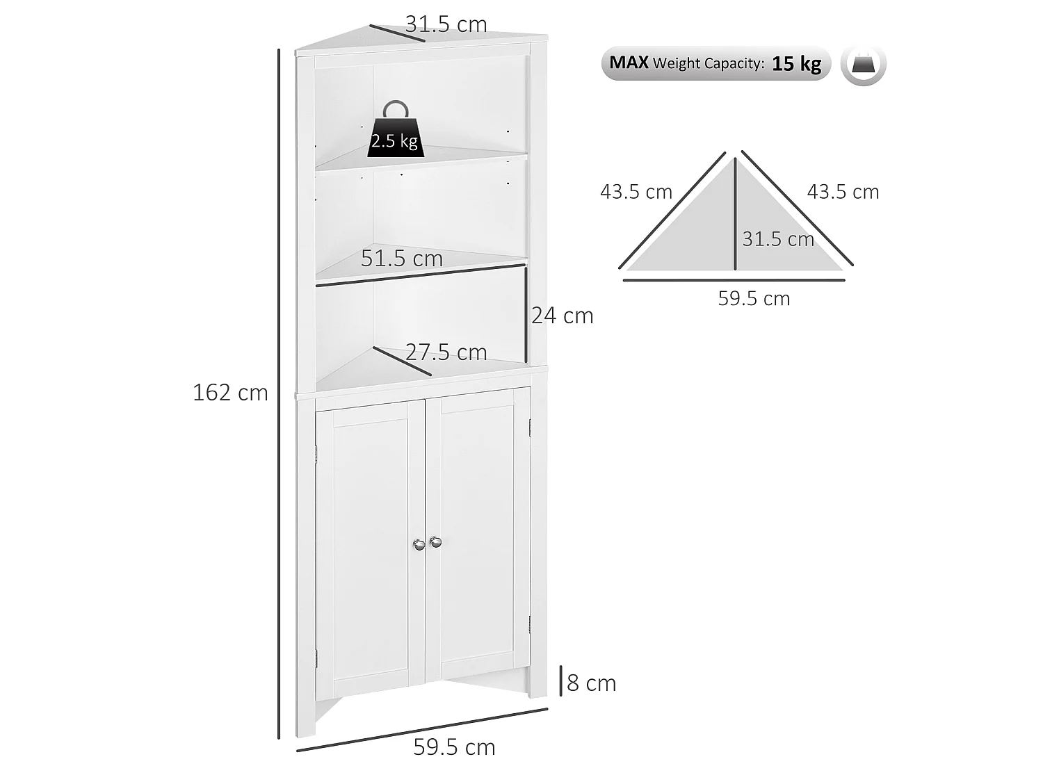 Dotre Corner Bathroom Cabinet White 3 Tier Shelves with Cupboard
