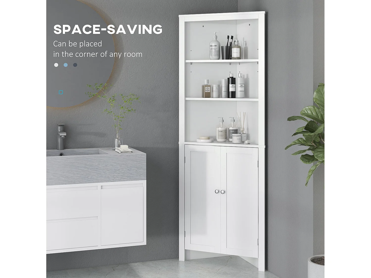 Dotre Corner Bathroom Cabinet White 3 Tier Shelves with Cupboard