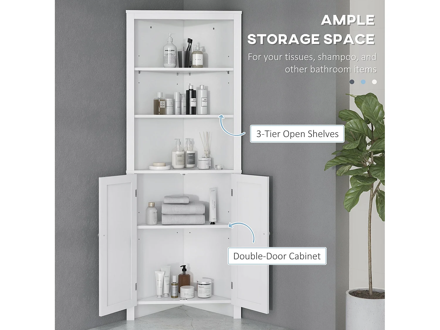 Dotre Corner Bathroom Cabinet White 3 Tier Shelves with Cupboard