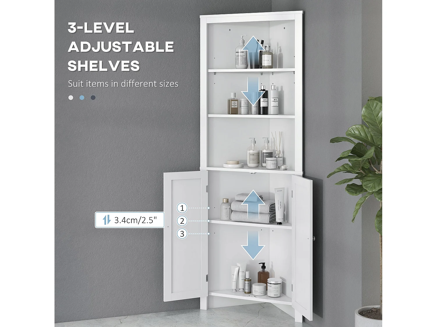 Dotre Corner Bathroom Cabinet White 3 Tier Shelves with Cupboard