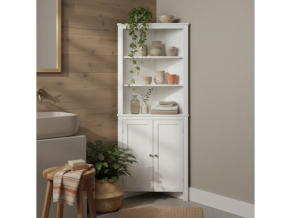 Dotre Corner Bathroom Cabinet White 3 Tier Shelves with Cupboard
