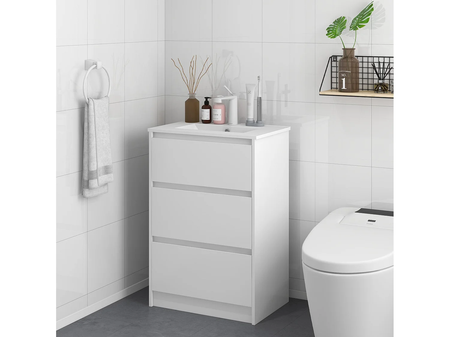 Nilute Floor Standing Vanity Unit with Built In Basin and 2 Drawers High Gloss White 600mm