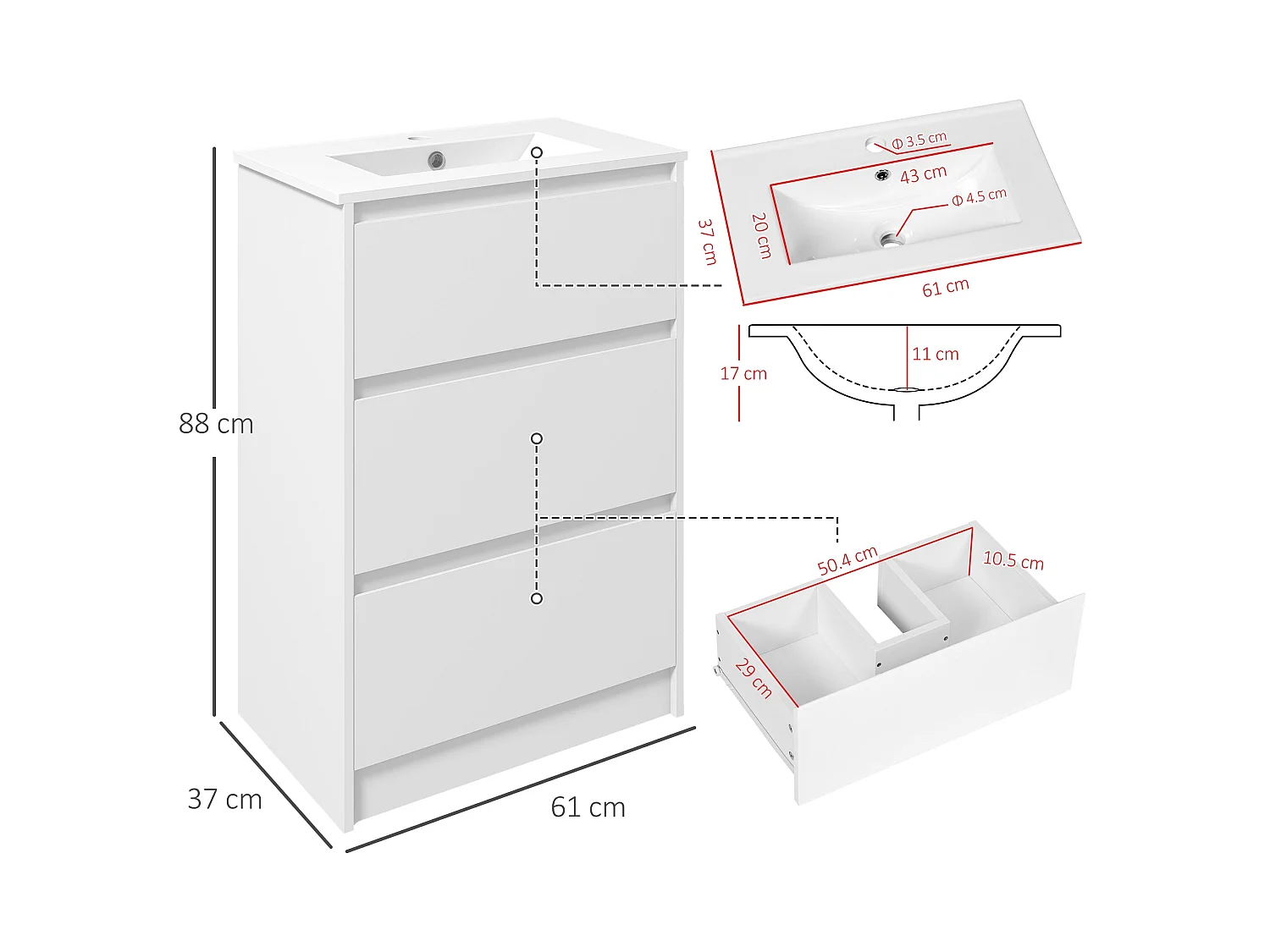 Nilute Floor Standing Vanity Unit with Built In Basin and 2 Drawers High Gloss White 600mm