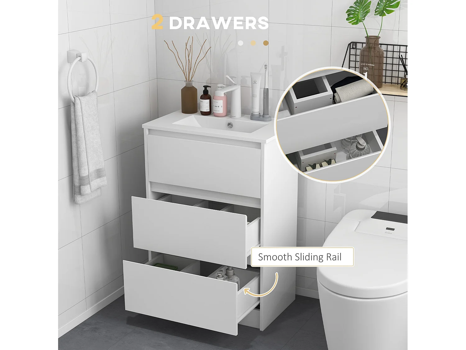 Nilute Floor Standing Vanity Unit with Built In Basin and 2 Drawers High Gloss White 600mm