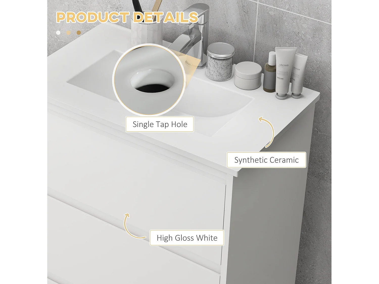 Nilute Floor Standing Vanity Unit with Built In Basin and 2 Drawers High Gloss White 600mm
