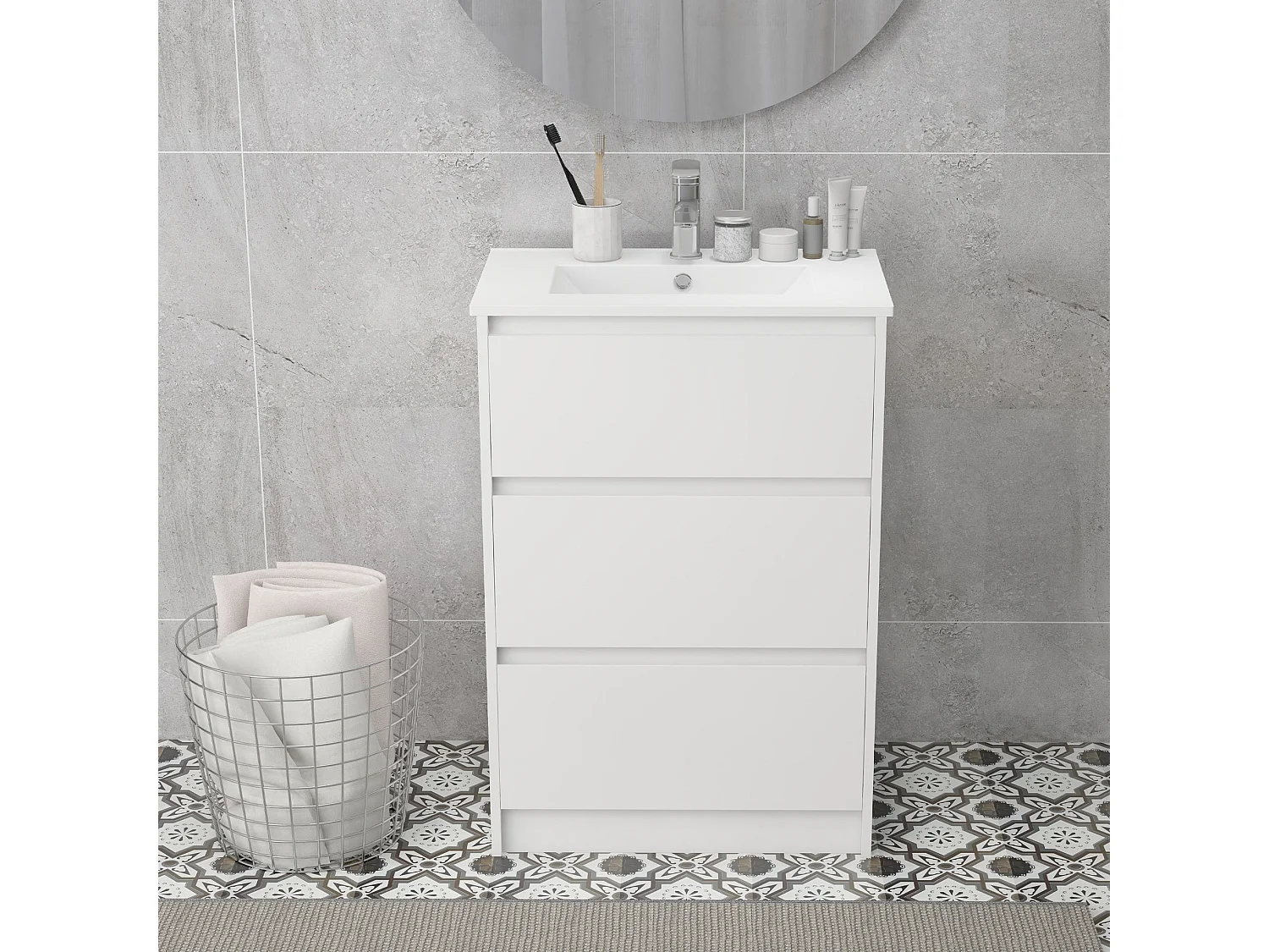 Nilute Floor Standing Vanity Unit with Built In Basin and 2 Drawers High Gloss White 600mm