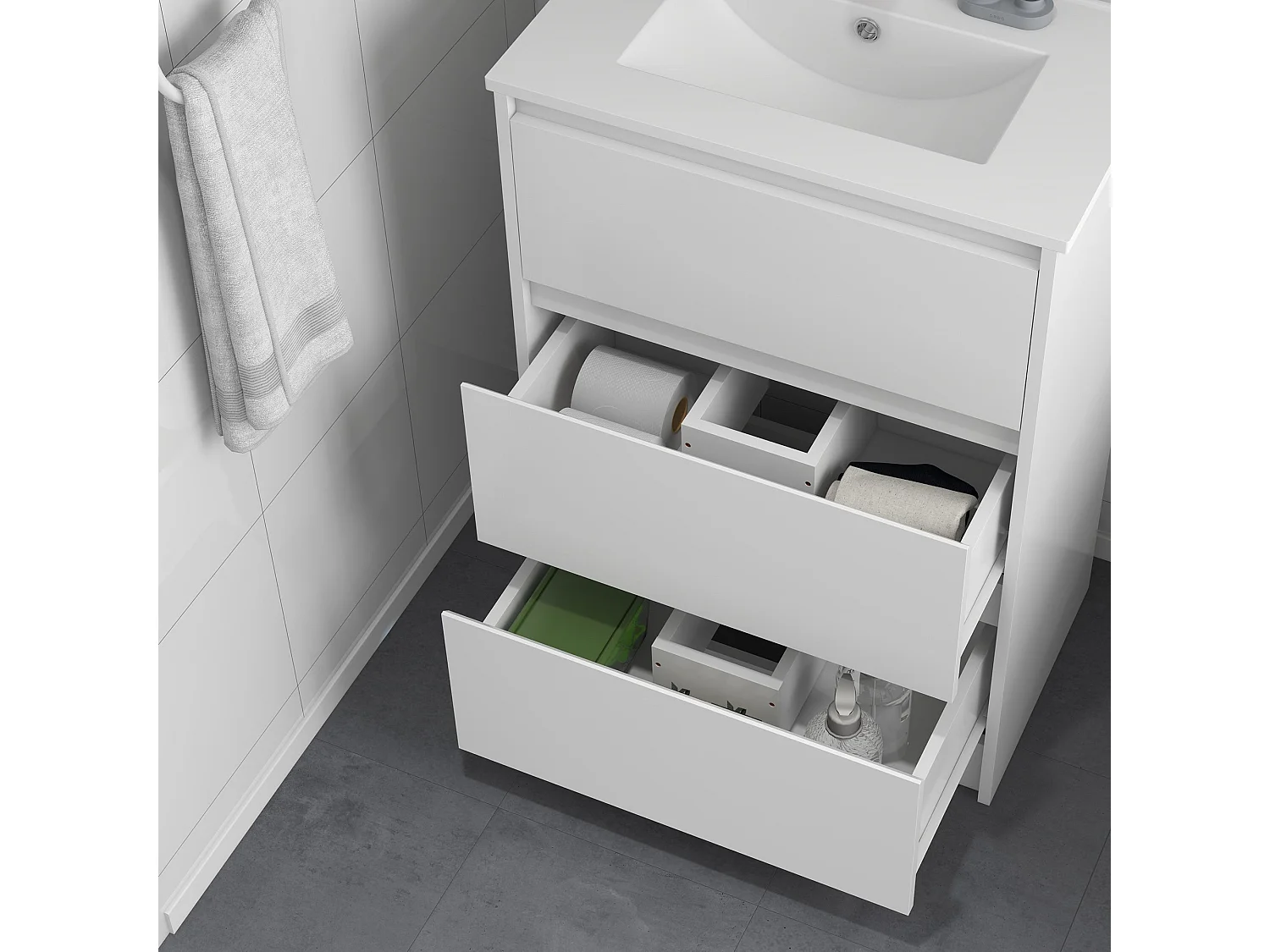 Nilute Floor Standing Vanity Unit with Built In Basin and 2 Drawers High Gloss White 600mm