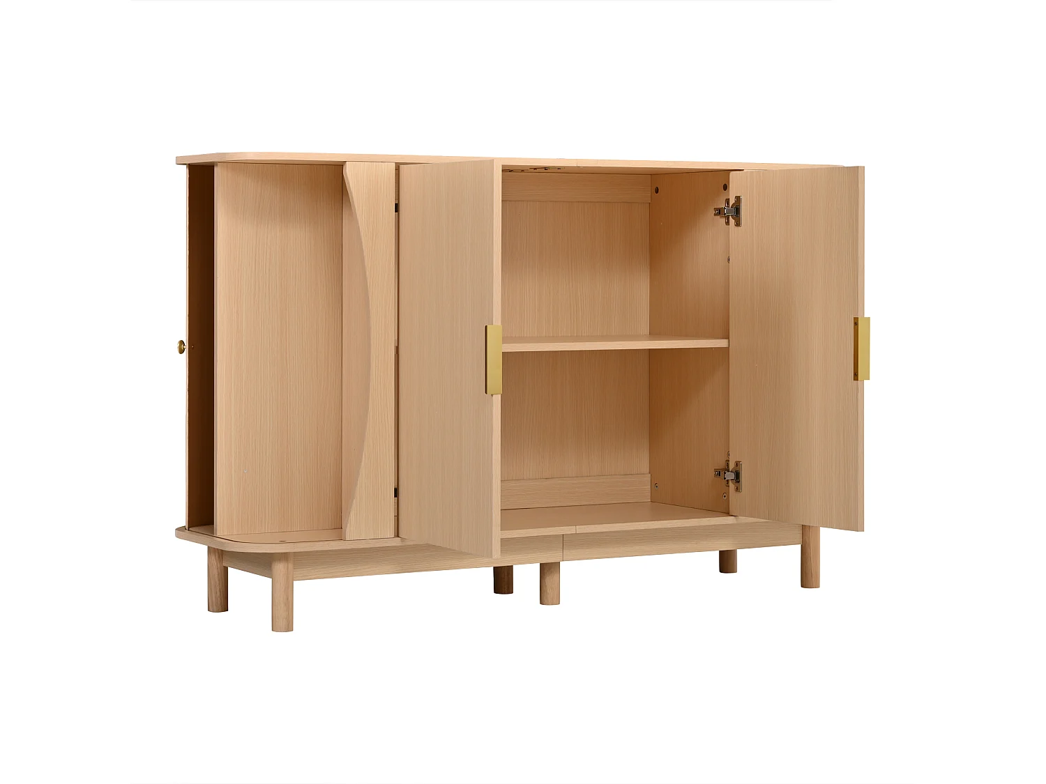Nowoczesna komoda 140x40x88 cm - 2 drzwi przesuwne i 2 drzwi uchylne - wykończenie drewnopodobne - MDF - kolor naturalny