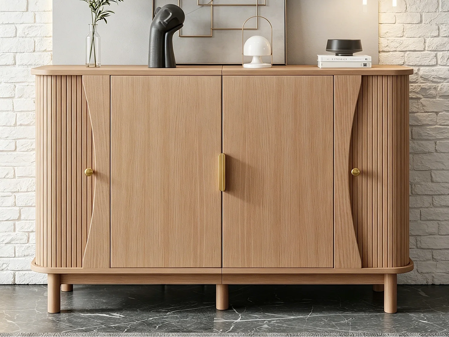 Nowoczesna komoda 140x40x88 cm - 2 drzwi przesuwne i 2 drzwi uchylne - wykończenie drewnopodobne - MDF - kolor naturalny