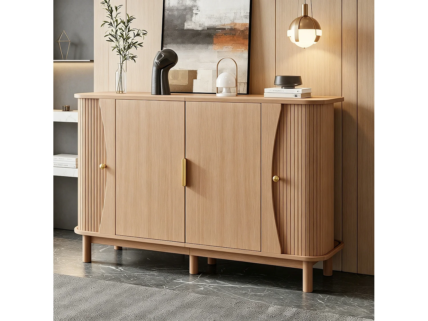 Nowoczesna komoda 140x40x88 cm - 2 drzwi przesuwne i 2 drzwi uchylne - wykończenie drewnopodobne - MDF - kolor naturalny