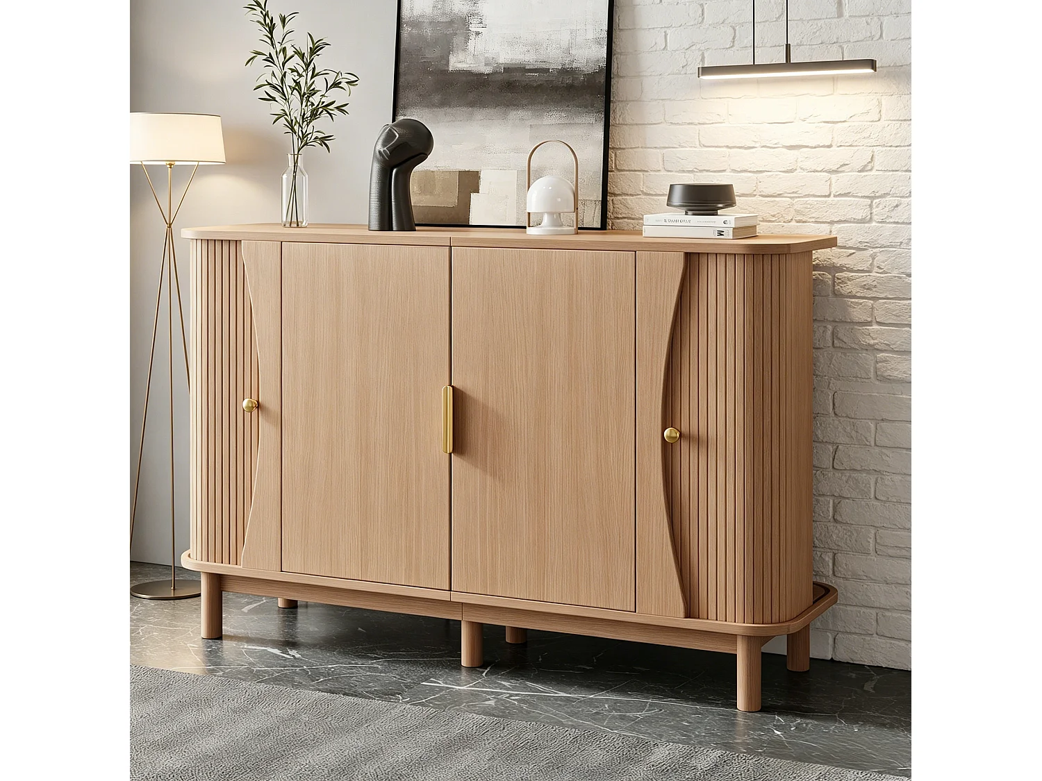 Nowoczesna komoda 140x40x88 cm - 2 drzwi przesuwne i 2 drzwi uchylne - wykończenie drewnopodobne - MDF - kolor naturalny