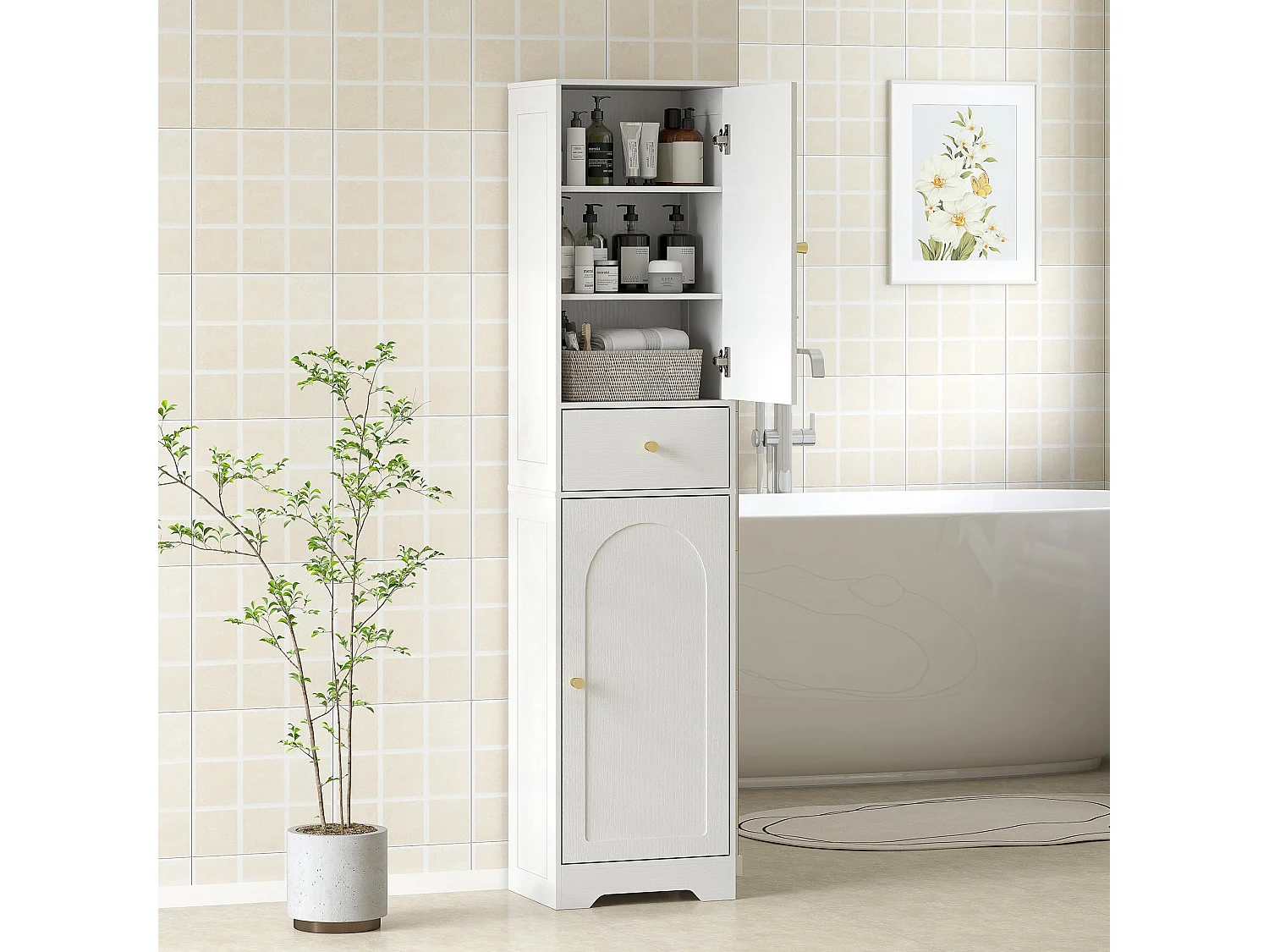 Remodi Tall White Bathroom Cabinet with Arched Doors and Gold Tone Knobs