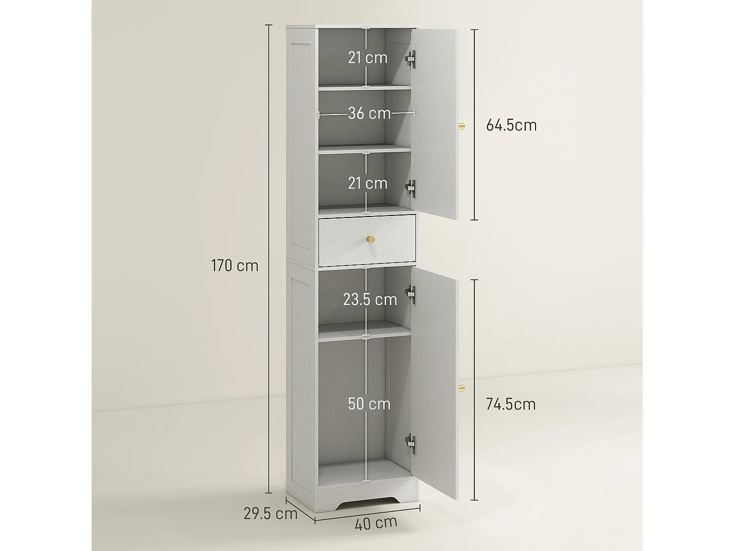 Remodi Tall White Bathroom Cabinet with Arched Doors and Gold Tone Knobs