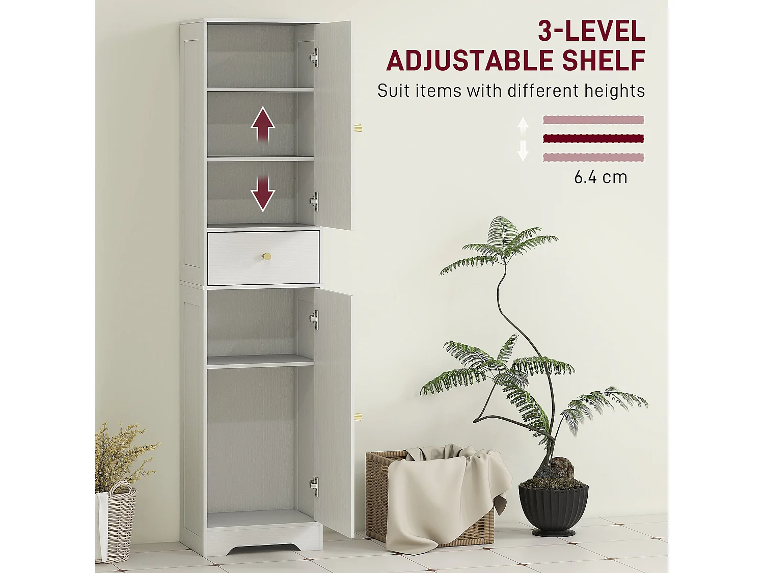 Remodi Tall White Bathroom Cabinet with Arched Doors and Gold Tone Knobs