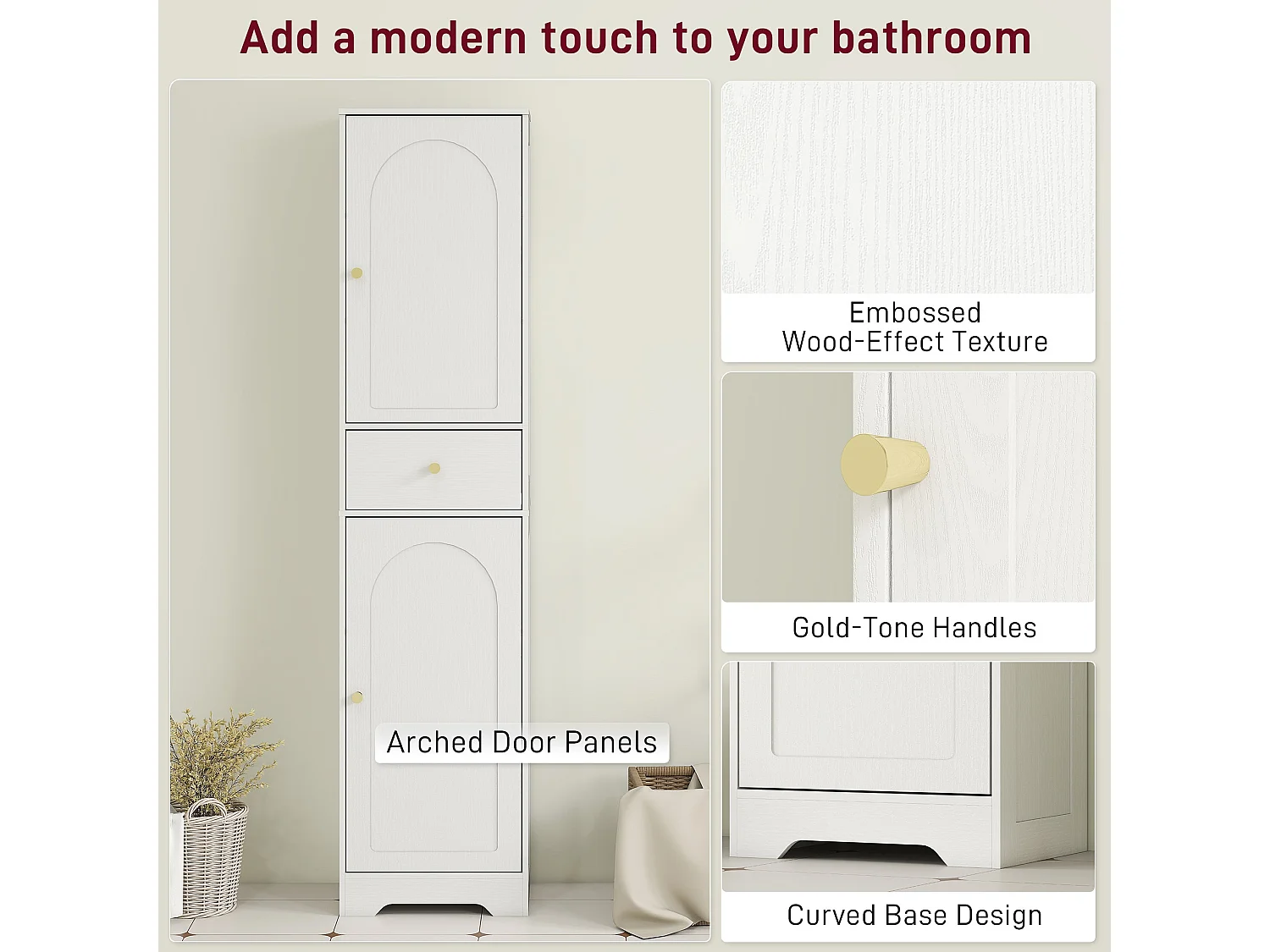 Remodi Tall White Bathroom Cabinet with Arched Doors and Gold Tone Knobs