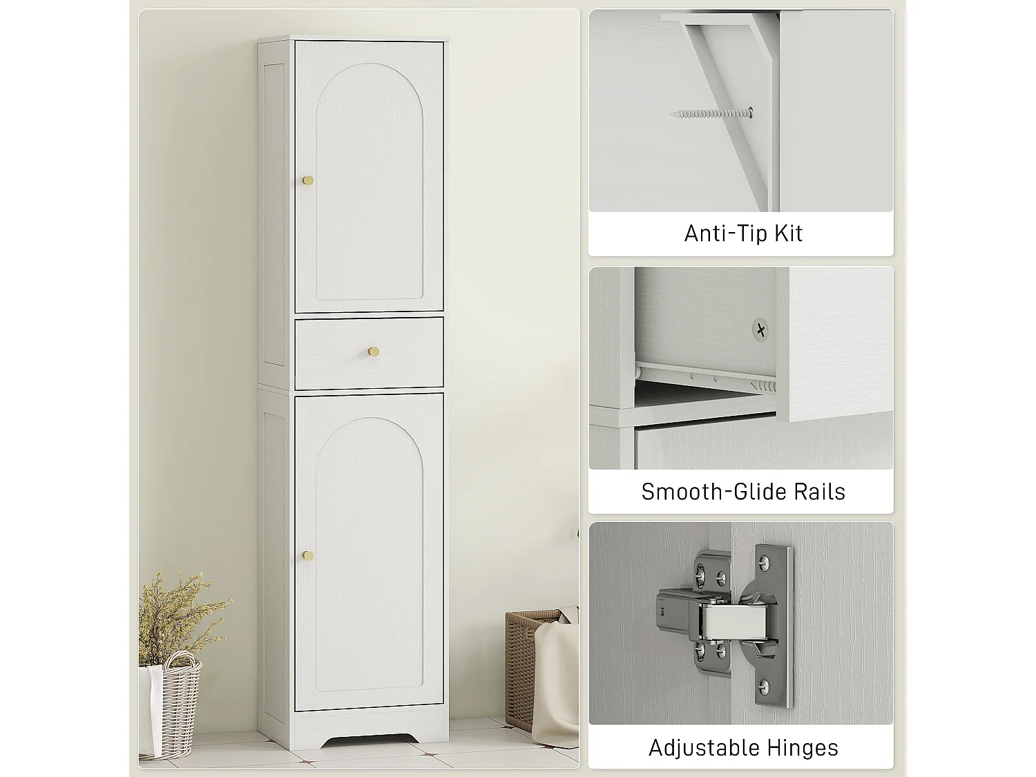 Remodi Tall White Bathroom Cabinet with Arched Doors and Gold Tone Knobs
