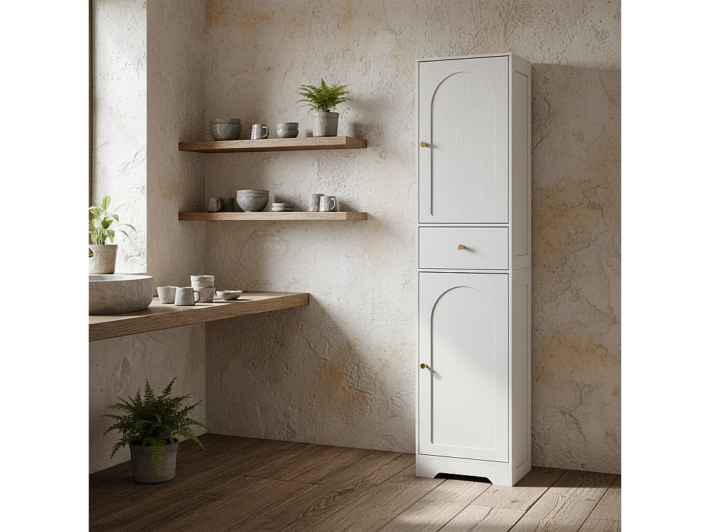 Remodi Tall White Bathroom Cabinet with Arched Doors and Gold Tone Knobs