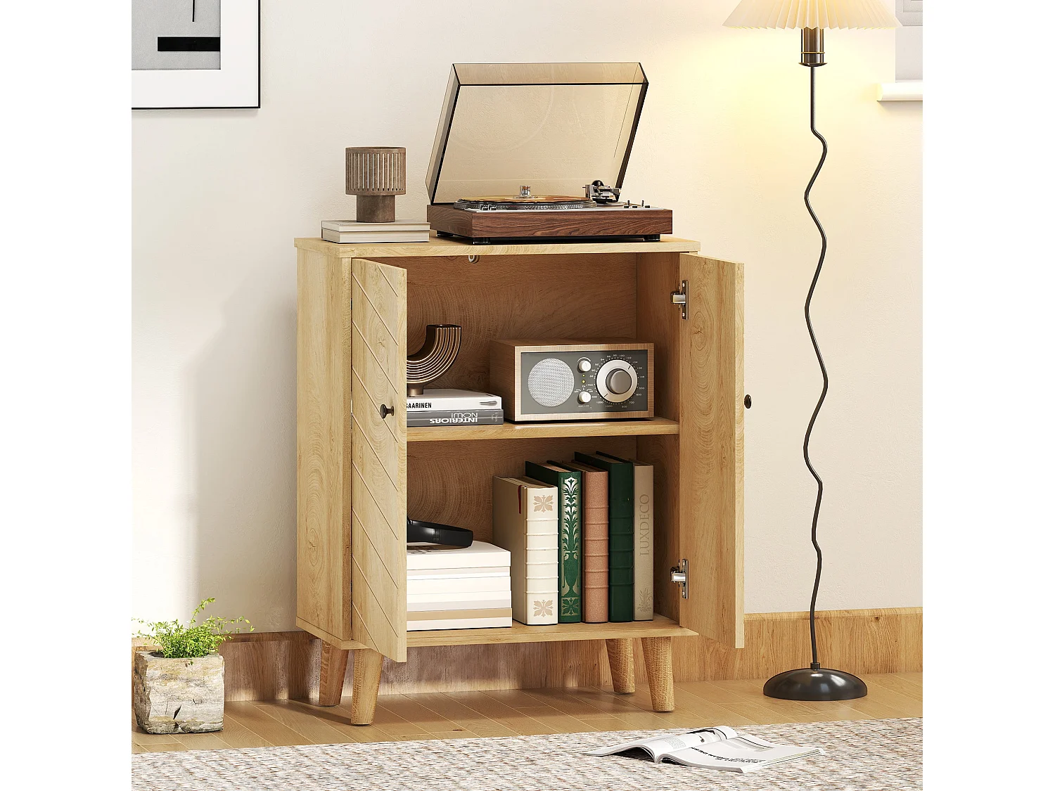 Elka Dive Natural Wood Effect Chevron Sideboard 2 Doors Angled Legs