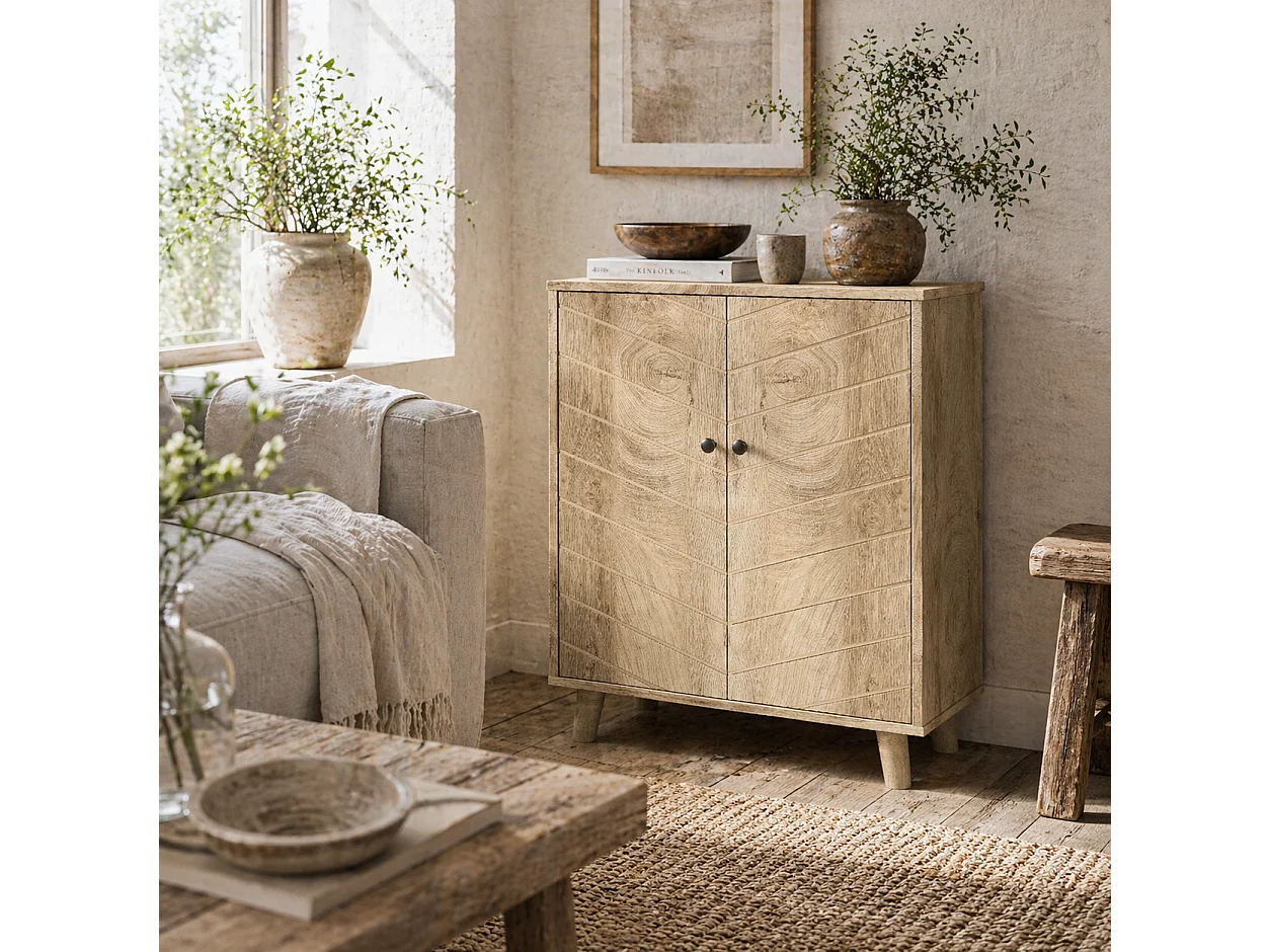 Elka Dive Natural Wood Effect Chevron Sideboard 2 Doors Angled Legs