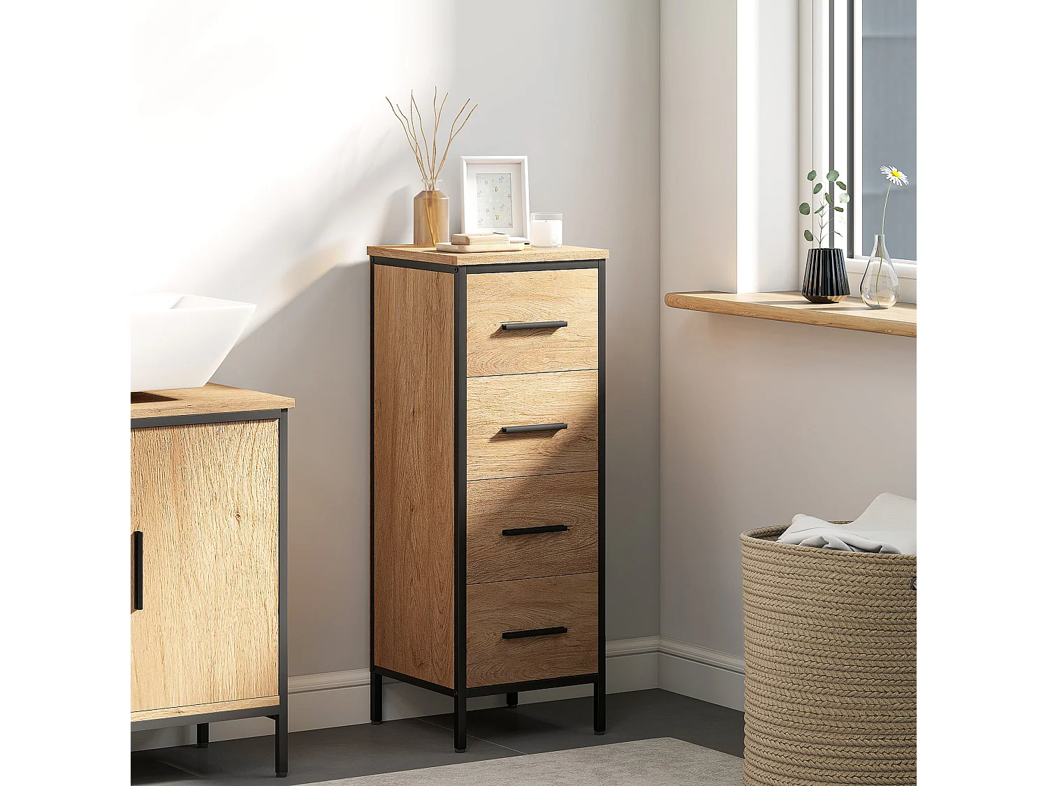 Nita Narrow 4 Drawer Bathroom Cabinet Oak Finish