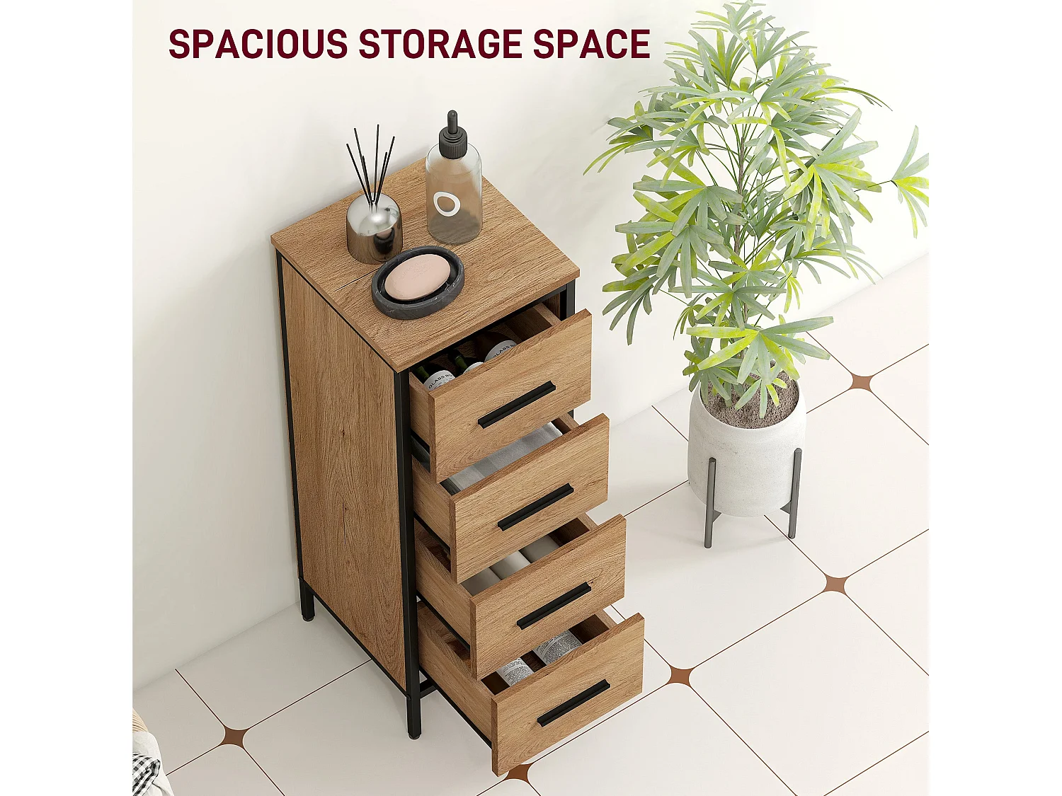 Nita Narrow 4 Drawer Bathroom Cabinet Oak Finish