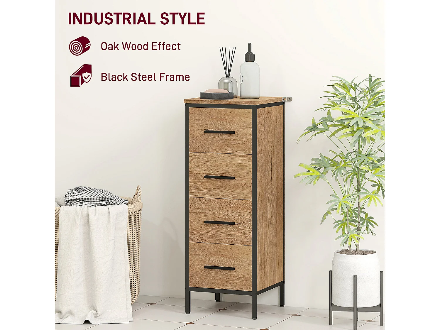 Nita Narrow 4 Drawer Bathroom Cabinet Oak Finish