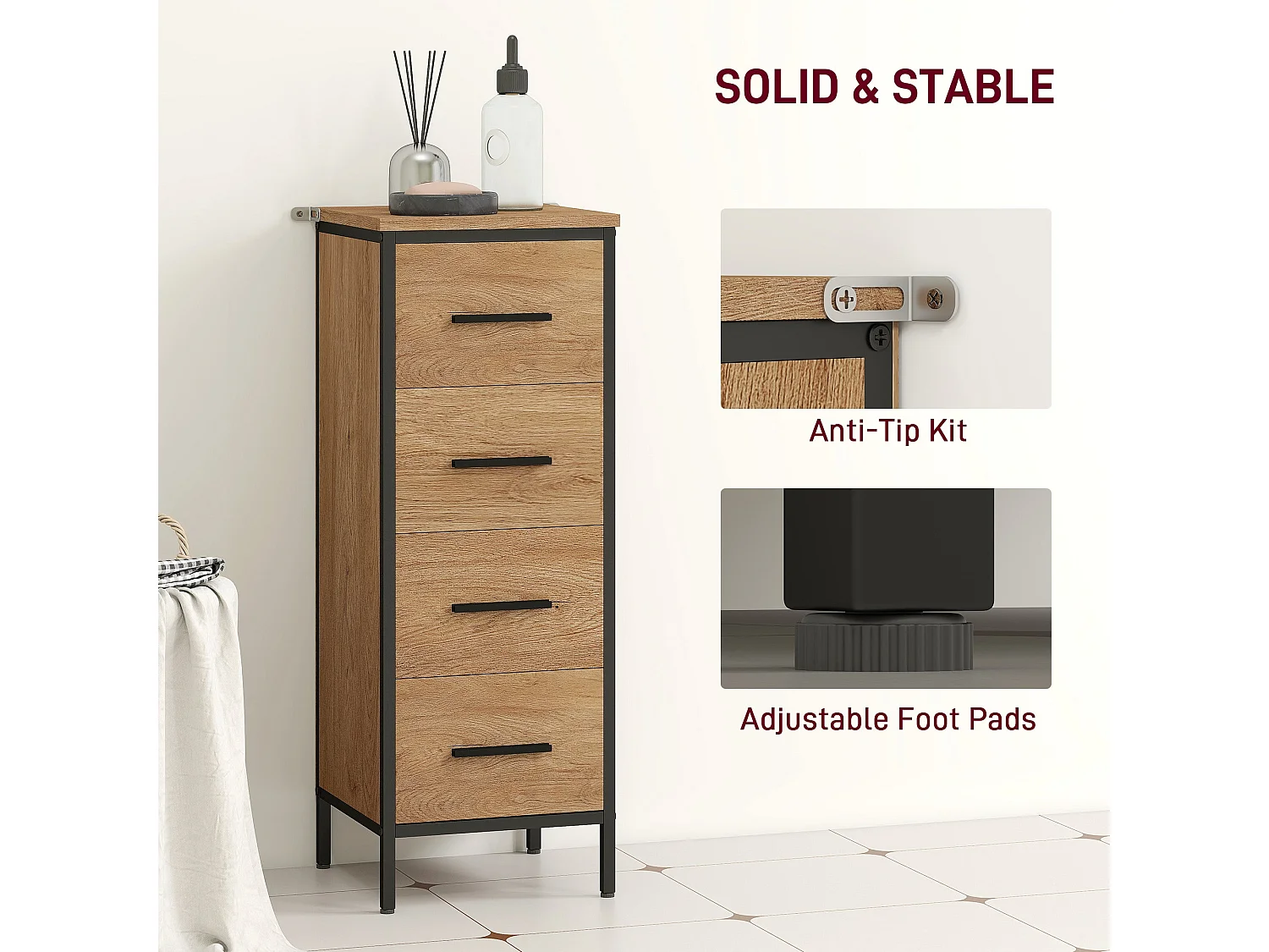 Nita Narrow 4 Drawer Bathroom Cabinet Oak Finish