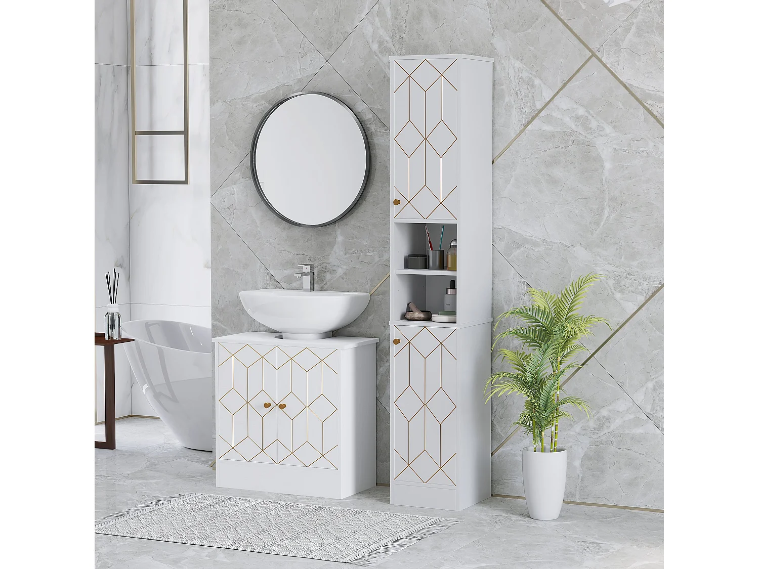 Conosu Slim Freestanding Bathroom Cabinet 30x30x170cm White Adjustable Shelves Hinged Doors