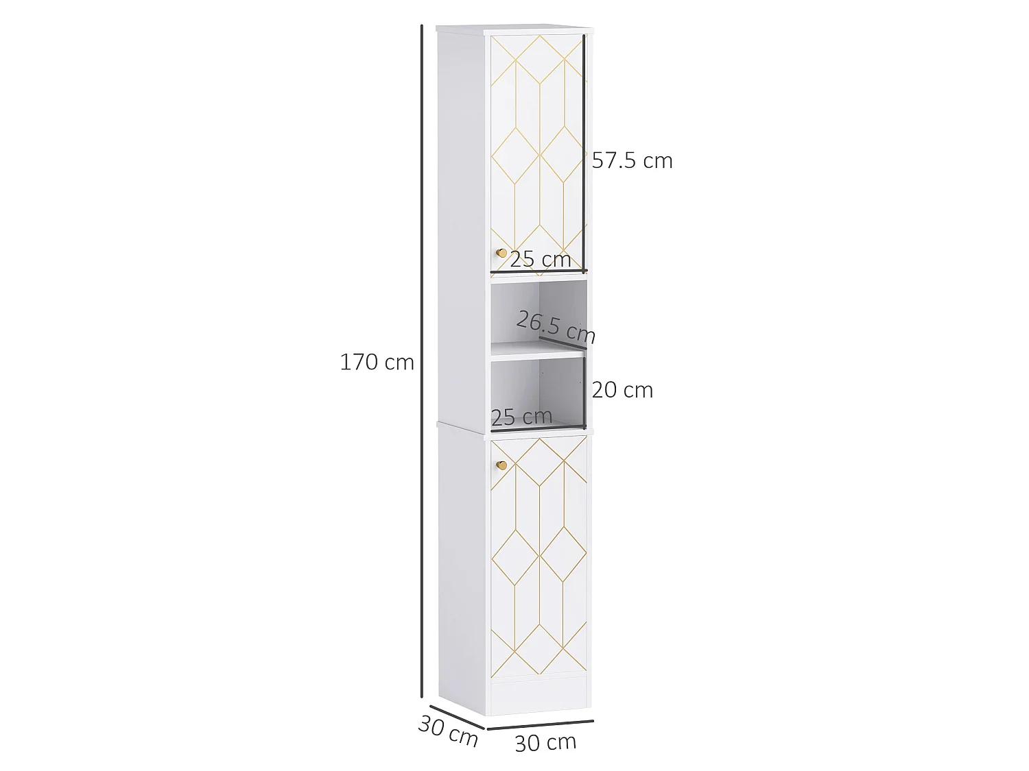 Conosu Slim Freestanding Bathroom Cabinet 30x30x170cm White Adjustable Shelves Hinged Doors