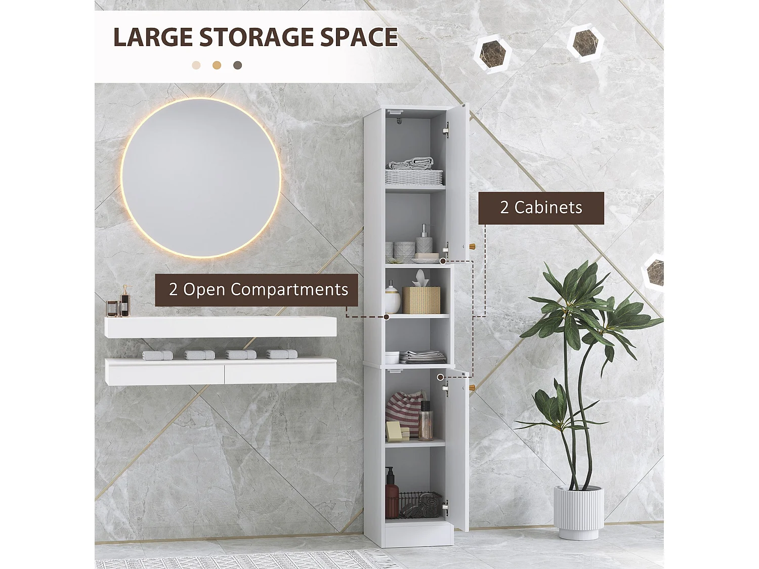 Conosu Slim Freestanding Bathroom Cabinet 30x30x170cm White Adjustable Shelves Hinged Doors