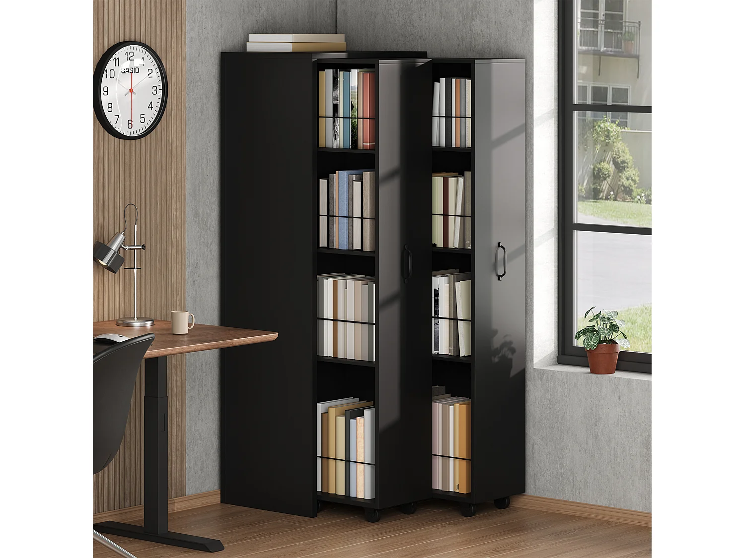 Ausziehbares Bücherregal mit Rollen 51.5x41x158 cm - 4 Regale - links und rechts austauschbar - mit Rollen - MDF - Schwarz