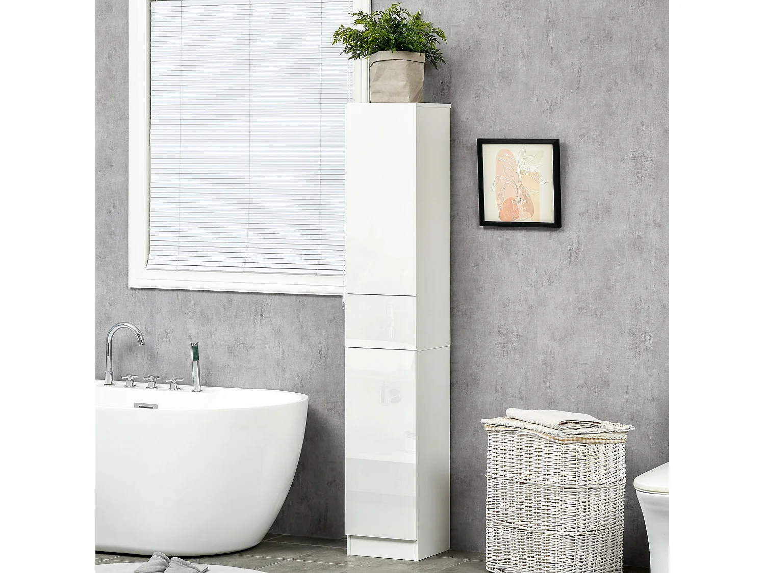 Elluno High Gloss White Tall Bathroom Cabinet with Push to Open Doors