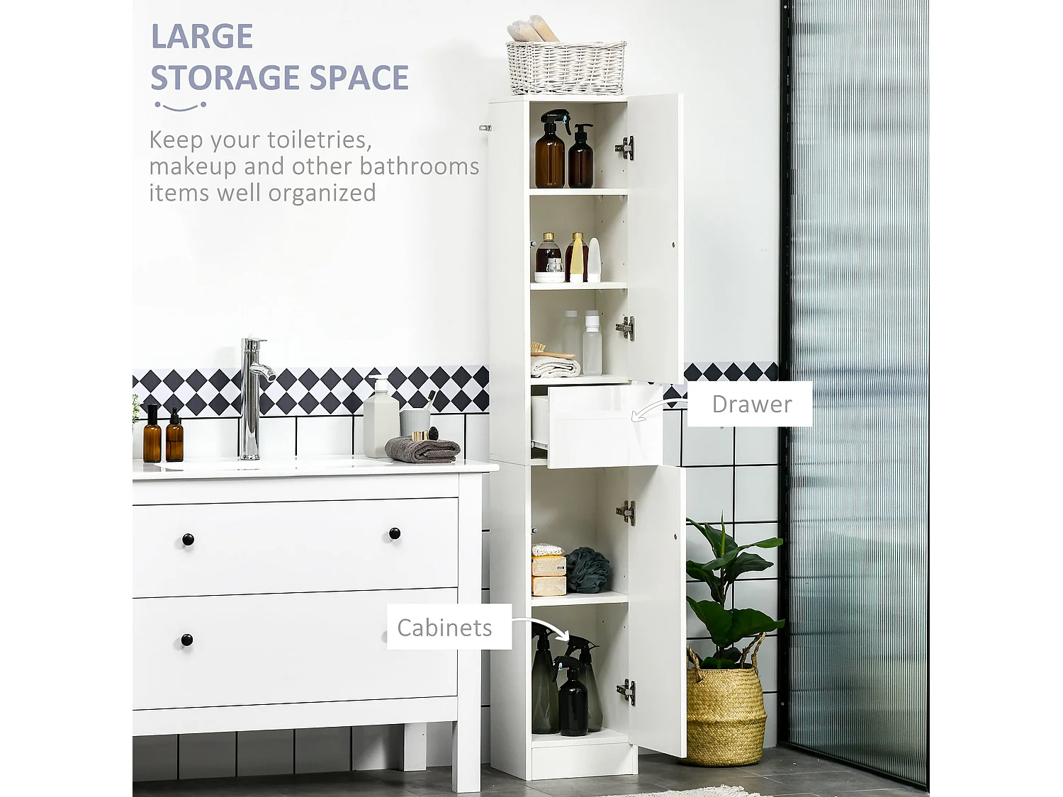 Elluno High Gloss White Tall Bathroom Cabinet with Push to Open Doors