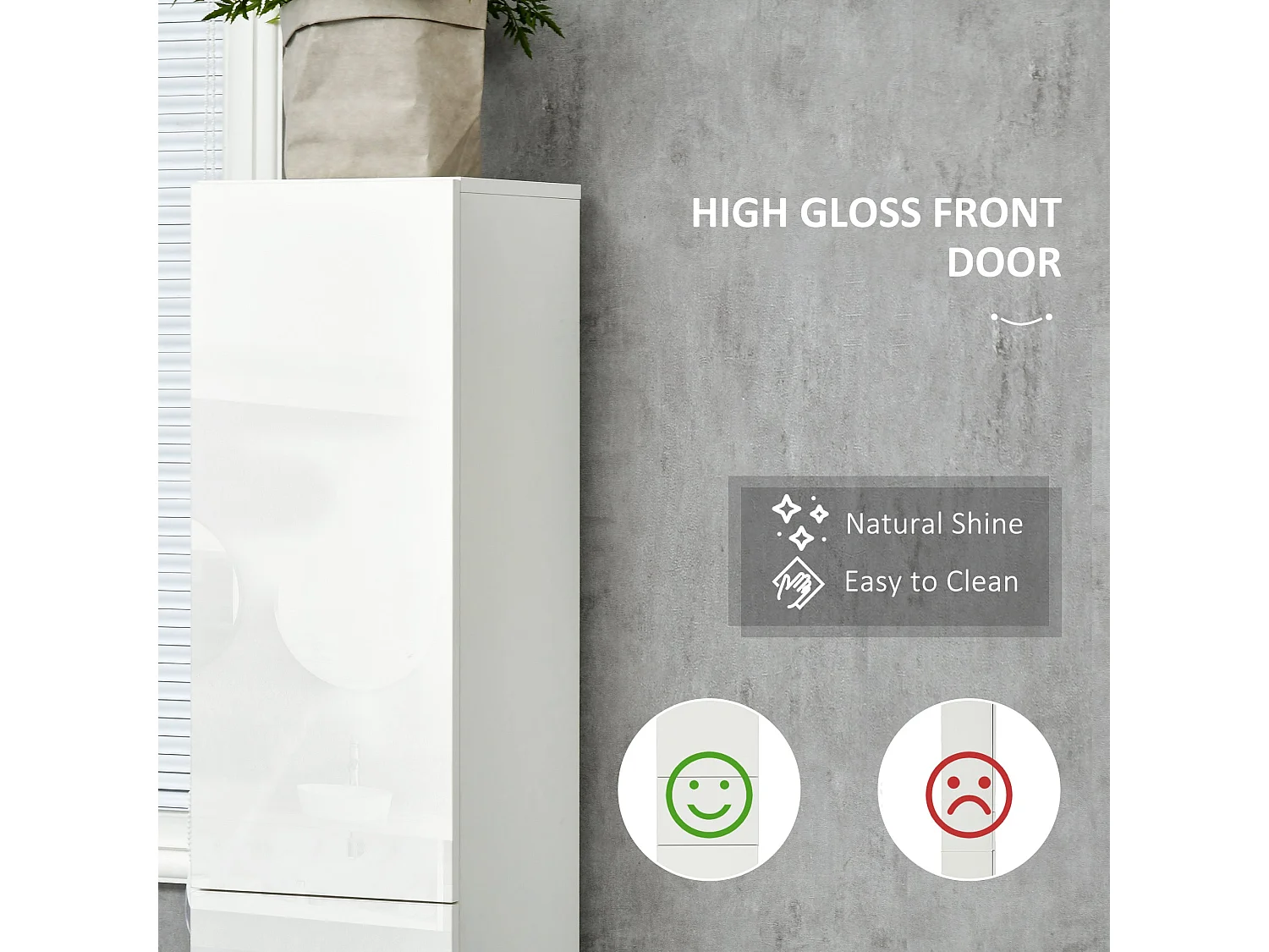 Elluno High Gloss White Tall Bathroom Cabinet with Push to Open Doors