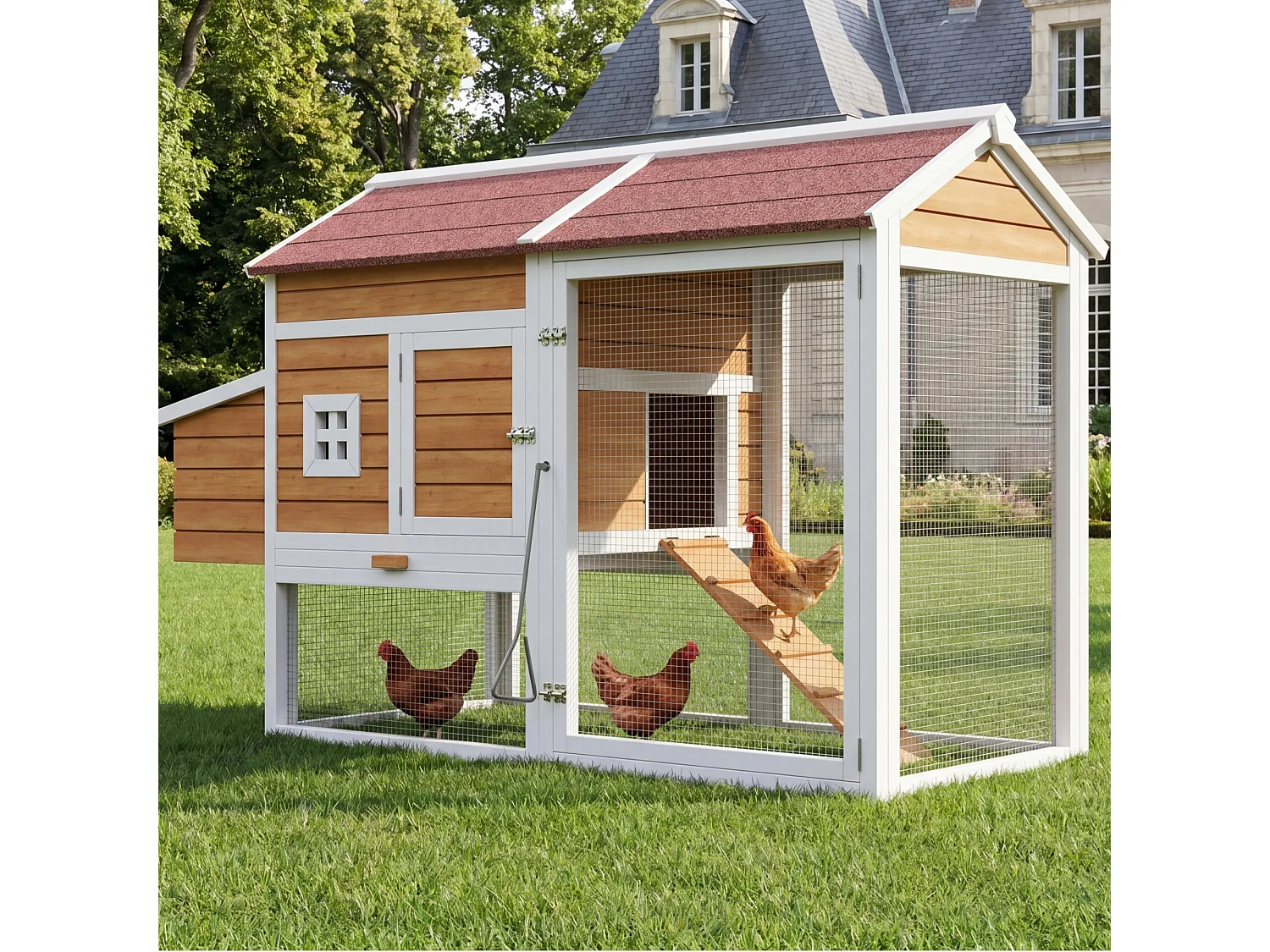 Kippenhok voor tuin met ren, legnest en mestlade, schuilplaats voor 4 kippen van massief vurenhout met bitumen dak - naturel