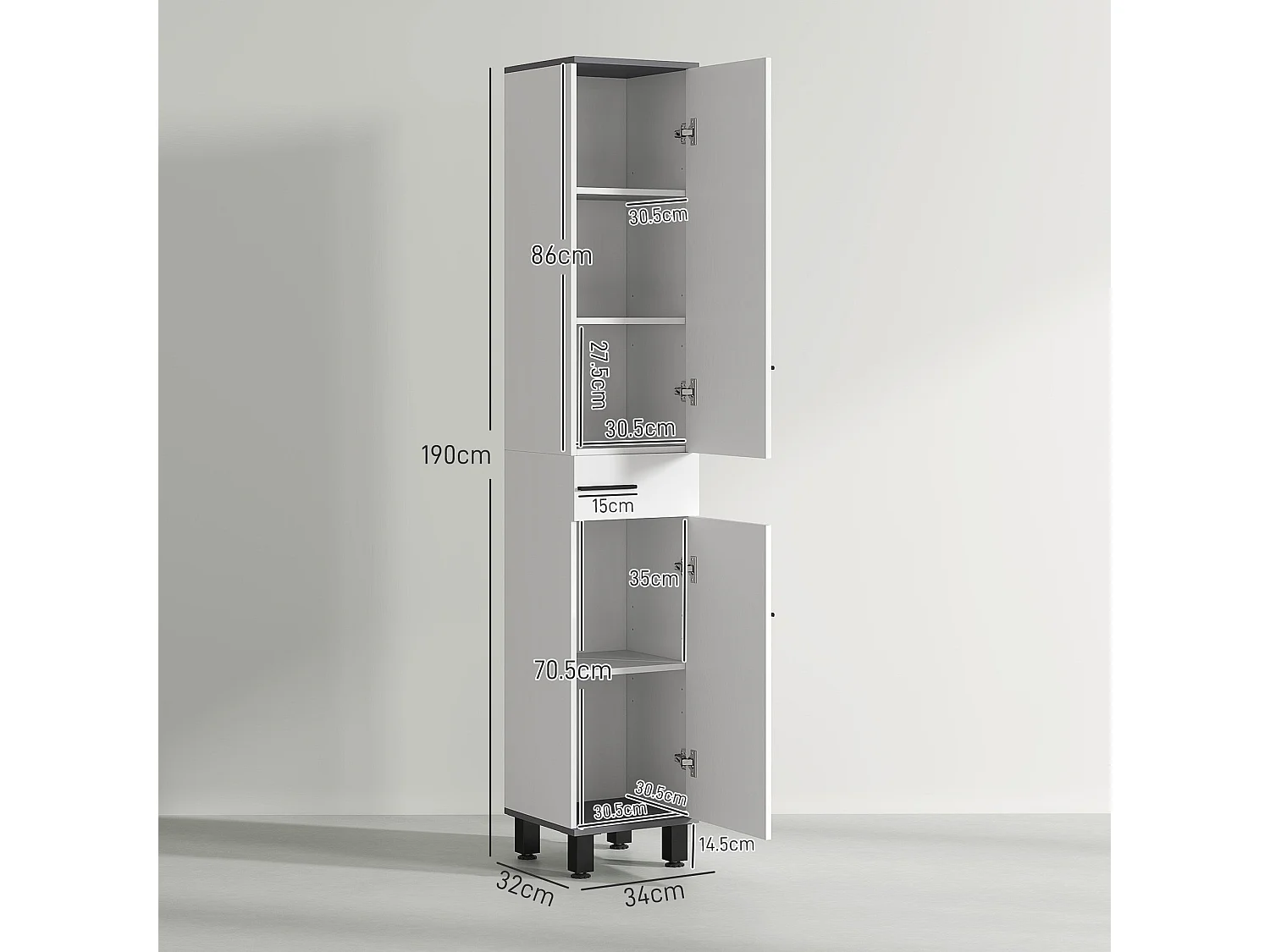 Mael Extra Tall Slim Bathroom Storage Cabinet 190cm White with Black Accents