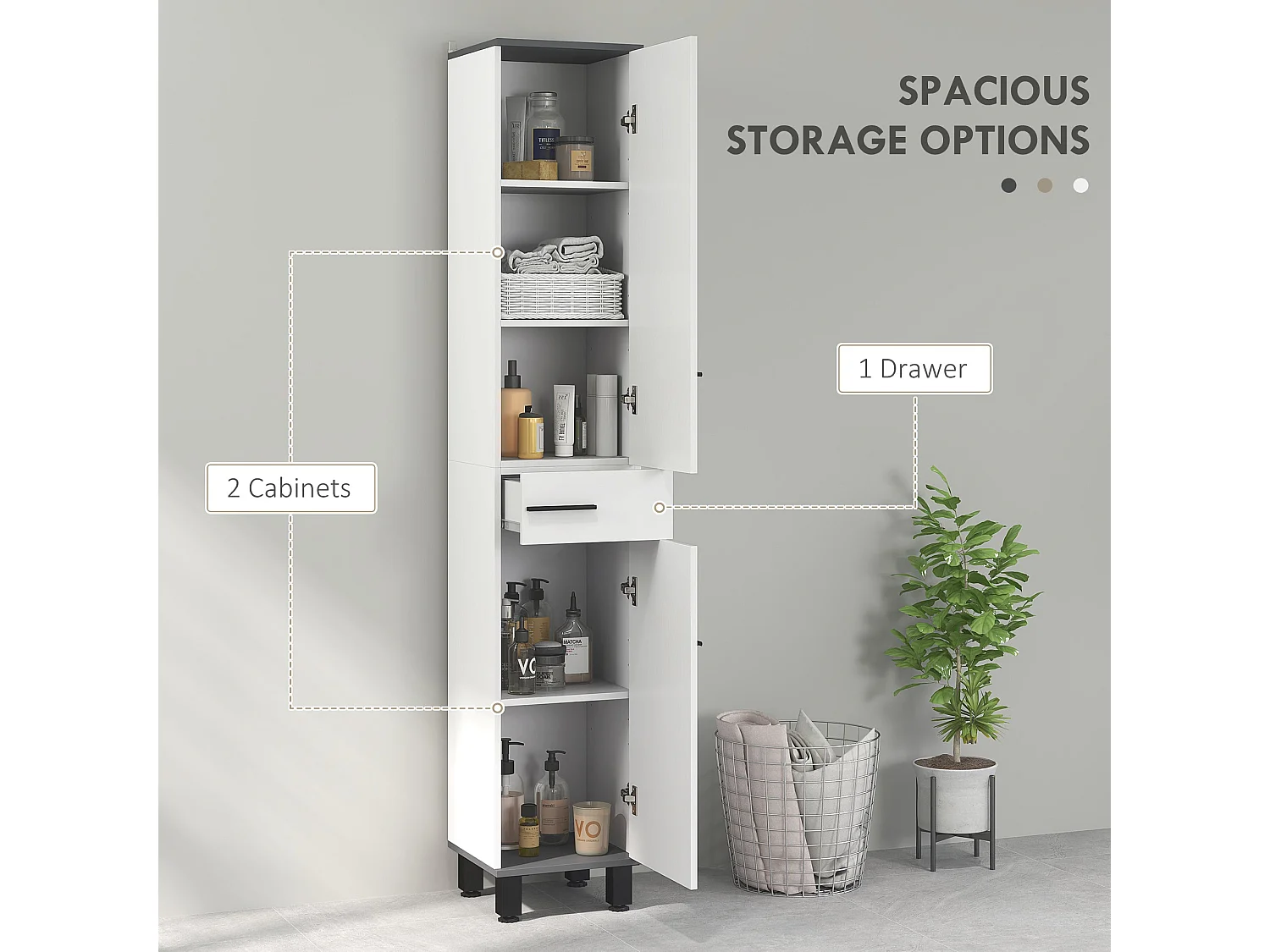 Mael Extra Tall Slim Bathroom Storage Cabinet 190cm White with Black Accents
