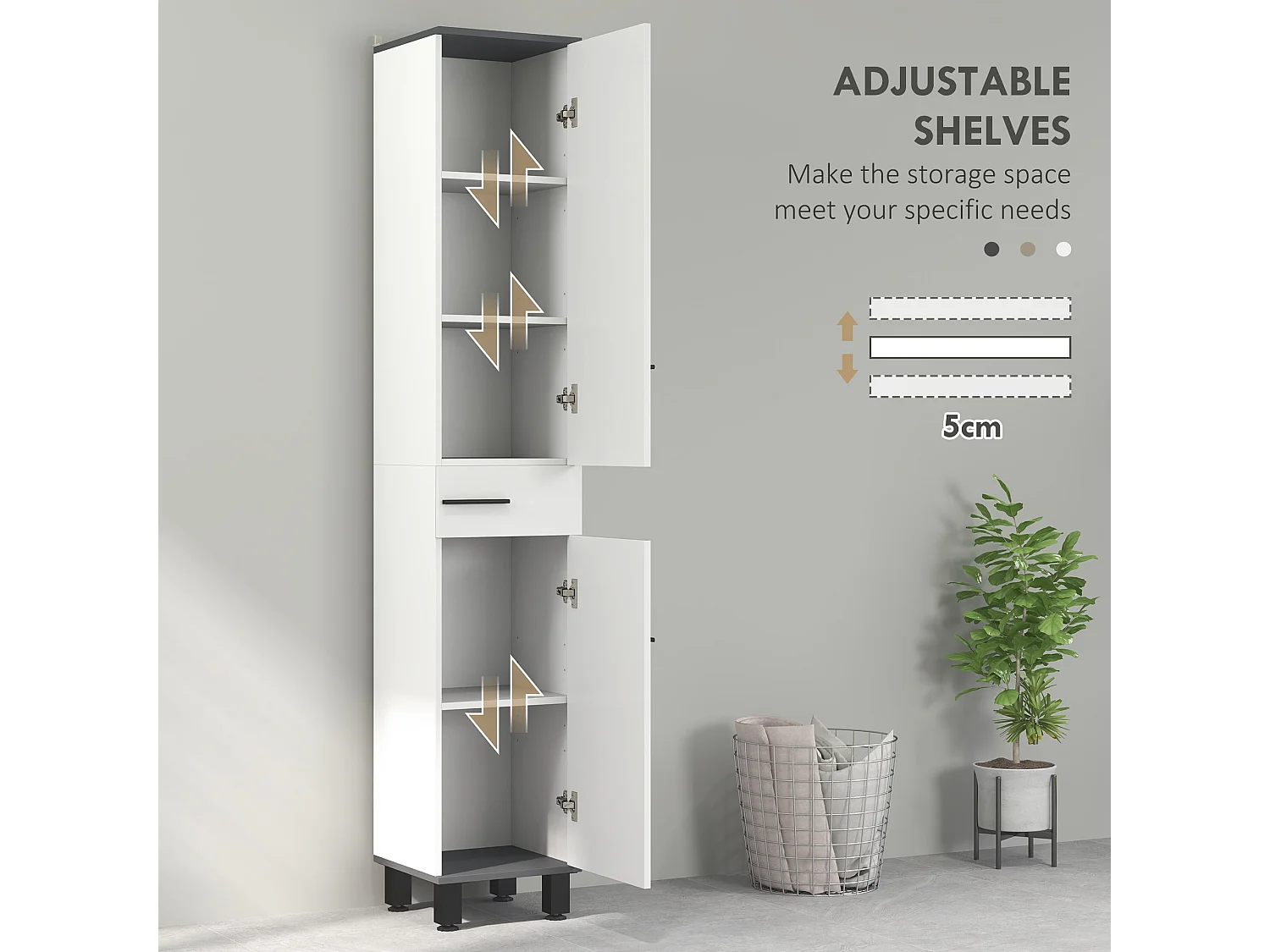 Mael Extra Tall Slim Bathroom Storage Cabinet 190cm White with Black Accents