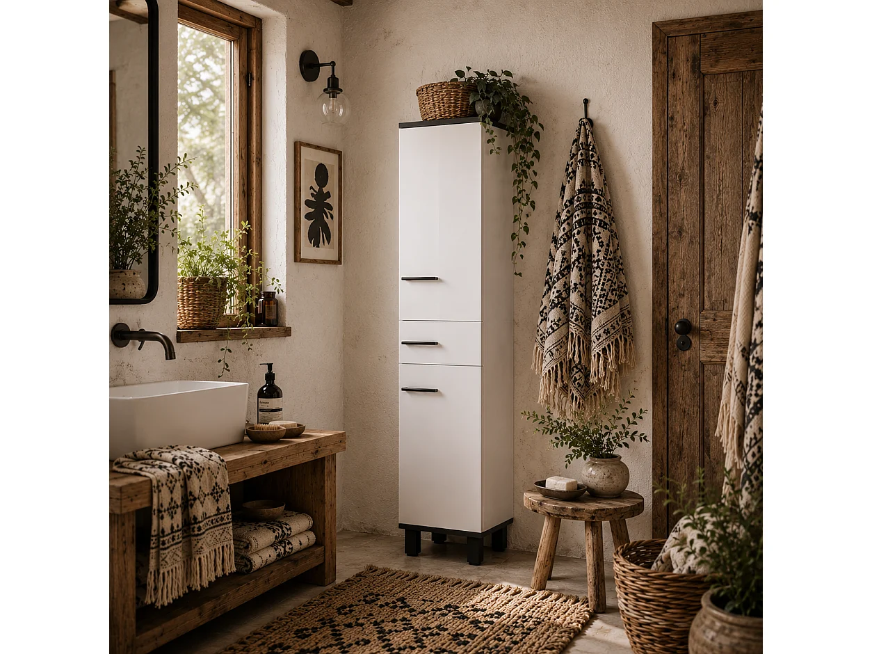 Mael Extra Tall Slim Bathroom Storage Cabinet 190cm White with Black Accents