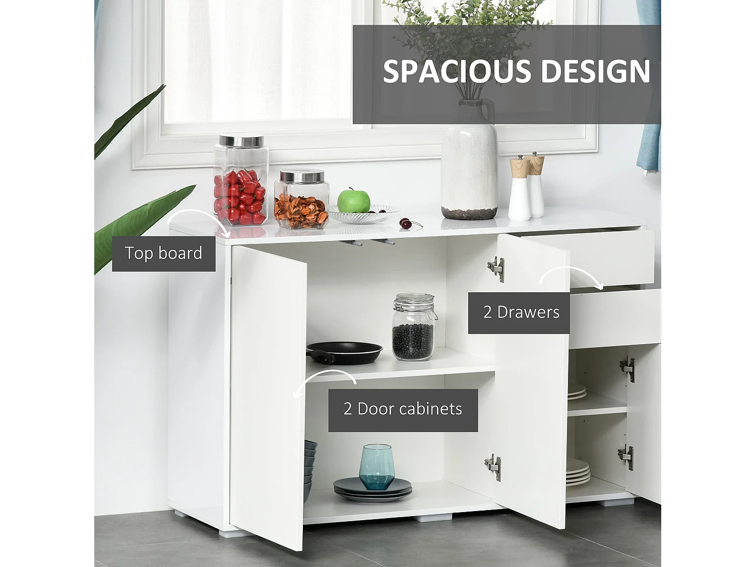 Talu High Gloss White Sideboard 2 Drawers 2 Cabinets 117 x 36 x 74cm