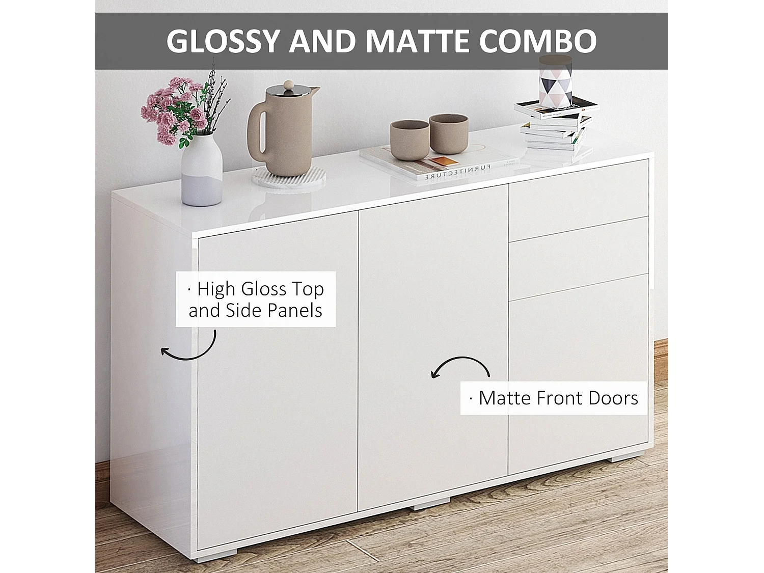 Talu High Gloss White Sideboard 2 Drawers 2 Cabinets 117 x 36 x 74cm