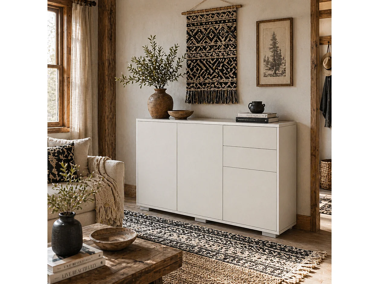 Talu High Gloss White Sideboard 2 Drawers 2 Cabinets 117 x 36 x 74cm